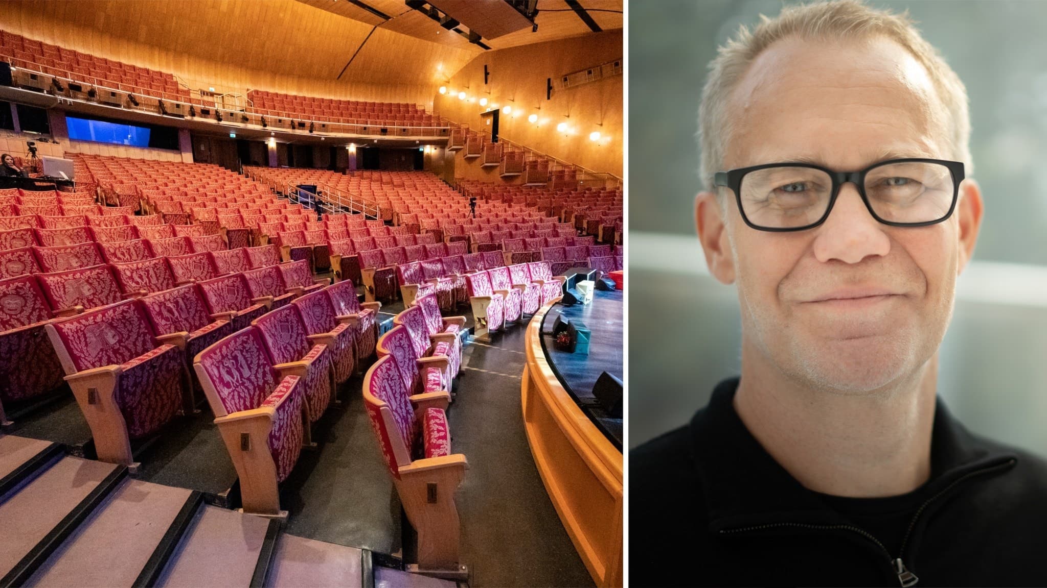 Porträttbild av Pelle Amberntsson och gengrebild av en tom teatersalong med röda stolar på rad.