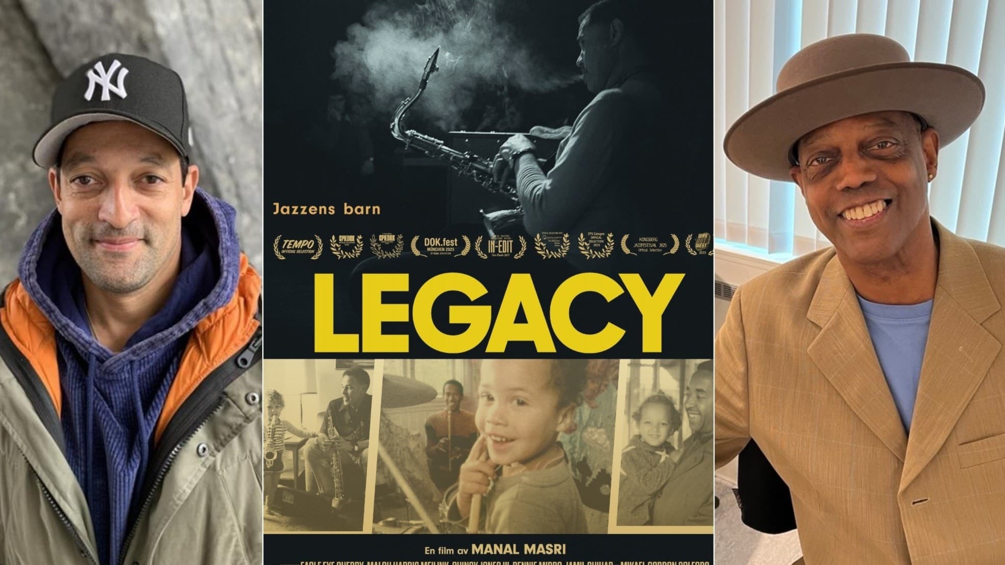 Affisch för dokumentärfilmen ”Legacy - jazzens barn” med fokus på jazzens historia i Sverige. Bilden visar tre personer och en saxofonist i svartvitt, samt texten ”Legacy” i gult.