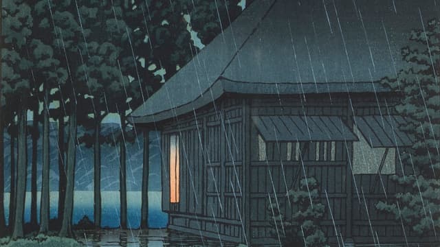 Evening rain at a lakeside tearoom (1935) av Kawase Hasui 