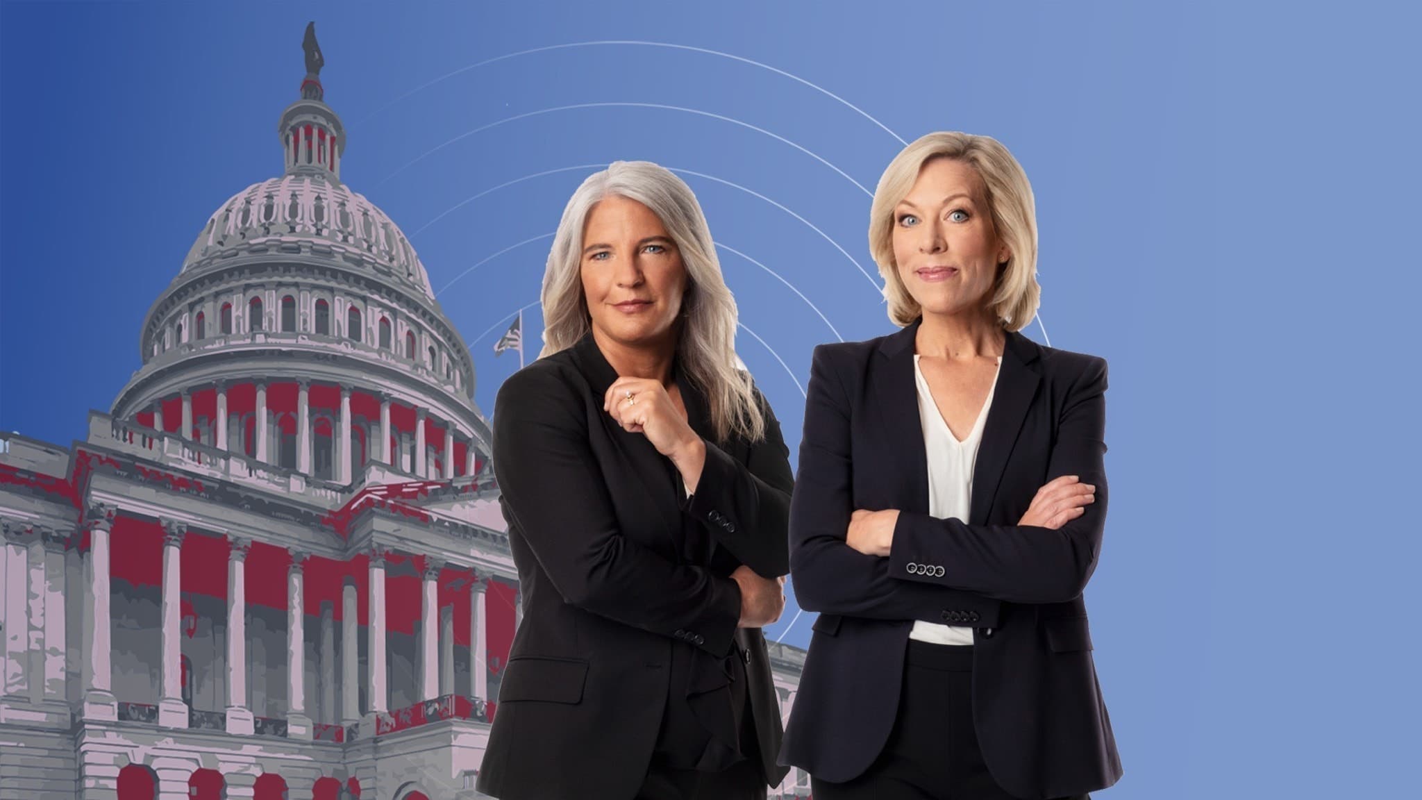 Programledare Sara Stenholm och Ginna Lindberg tittar in i kameran.