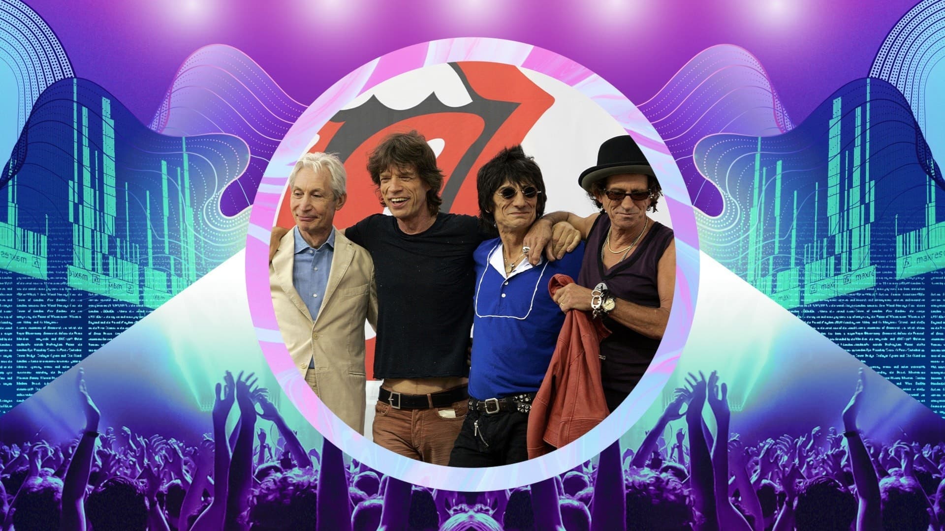 Charlie Watts, Mick Jagger, Ronnie Wood och Keith Richards står framför deras egen logga.