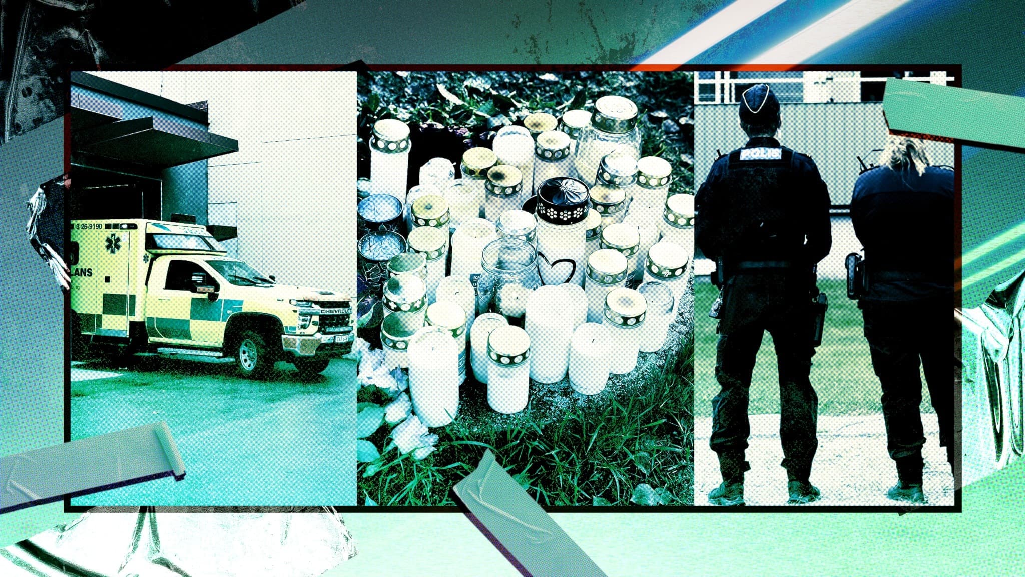 Till vänster i bild: fronten av en ambulans fotograferad på väg ut ur garage. I mitten: gravljus från minnesplats, till höger: två poliser fotograferade bakifrån blickandes mot balkong. 