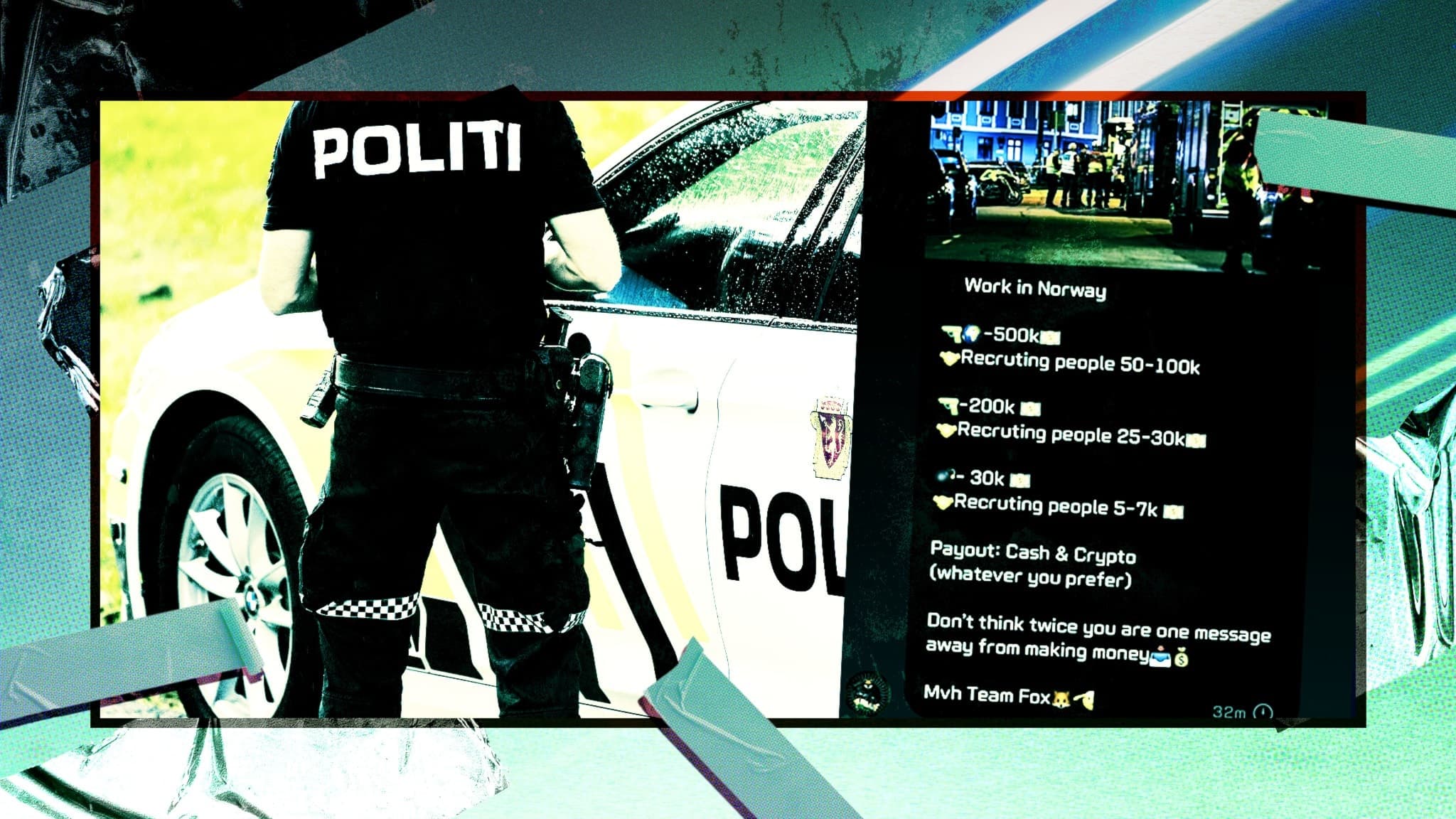 Till vänster i bild - kvinnlig polis i poliskläder fotograferad bakifrån framför norsk målad polisbil. Till höger i bild: skärmdump från annons om kriminella uppdrag i Norge. 