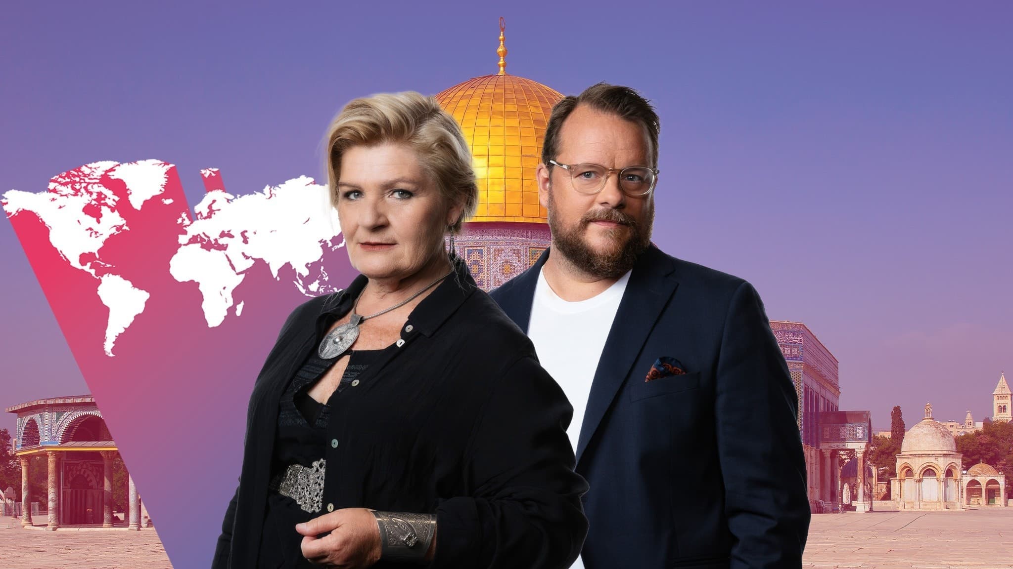 Cecilia Uddén och Johan Matthias Sommarström framför ett bildkollage.