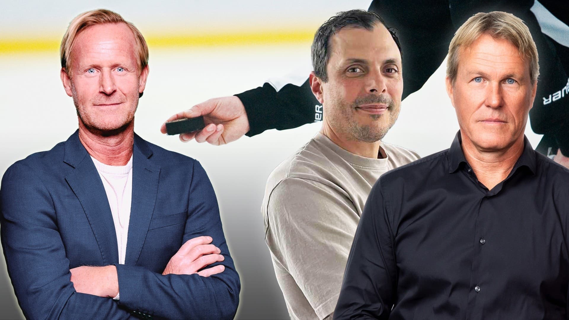 Magnus Wahlman, Daniel Widing och Johan Garpenlöv inklippta i bild där en domare håller i en puck.
