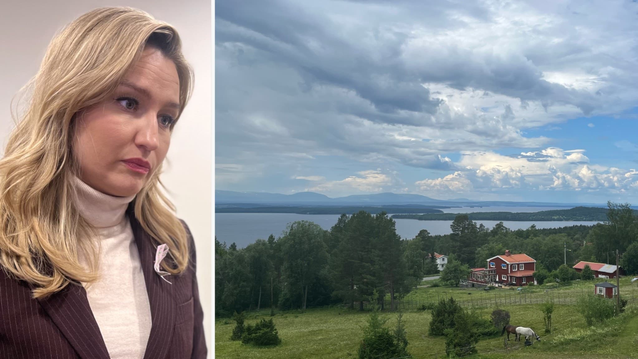 Ebba Busch står inomhus med ljus bakgrund, klädd i en mörk kavaj och vit topp. Till höger ses ett landskap med grönskande ängar, röda hus och en utsikt över en sjö under molnig himmel. Alunskiffer Oviken Oviksfjällen gruvbrytning uran Storsjön gruva
