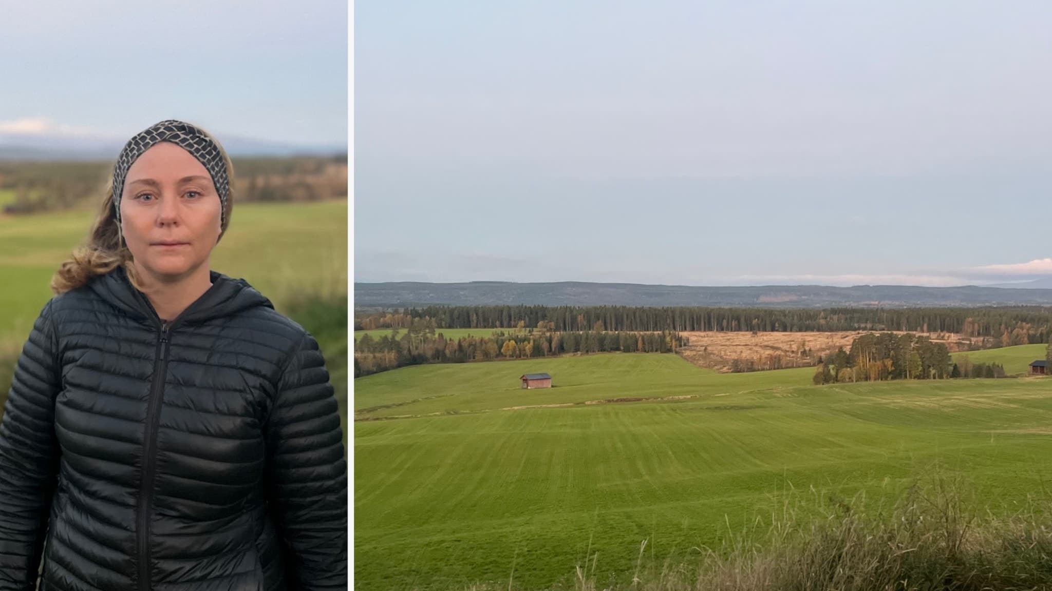 Anna Rydberg står utomhus på en grönskande landsbygd med vidsträckt natur och fält i bakgrunden. Himlen är ljus och molnfri, vilket framhäver det öppna landskapet.
