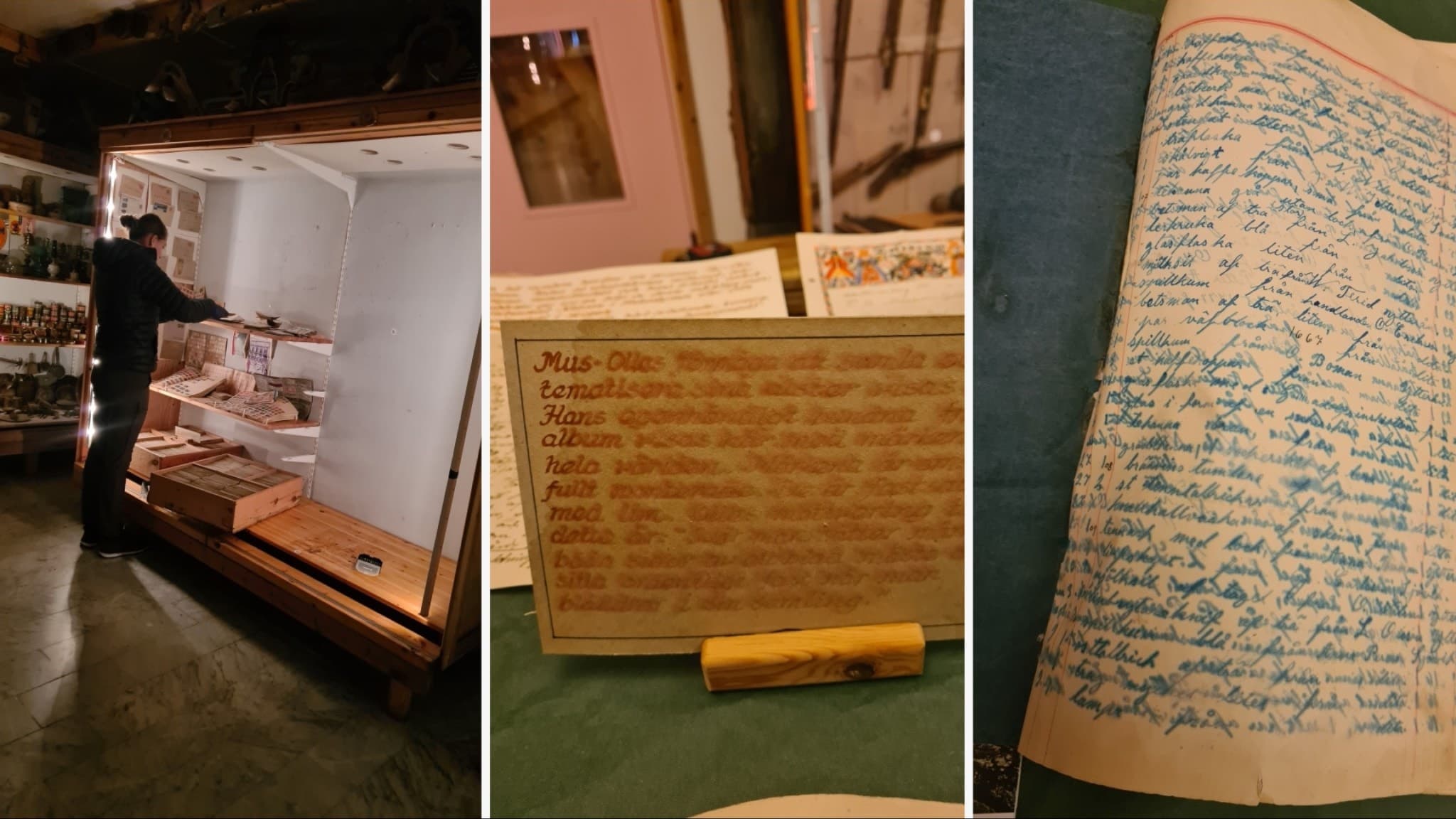Mus-Olles museum i Ytterån visas med tre bilder: en person vid en utställningsmonter, en närbild av en handskriven text där bläcket flutit ut och en uppslagen bok med handskriven text, som är Mus-Olles dagbok där han skrev ner var och när han hittade alla sina föremål, som museets samling består av.