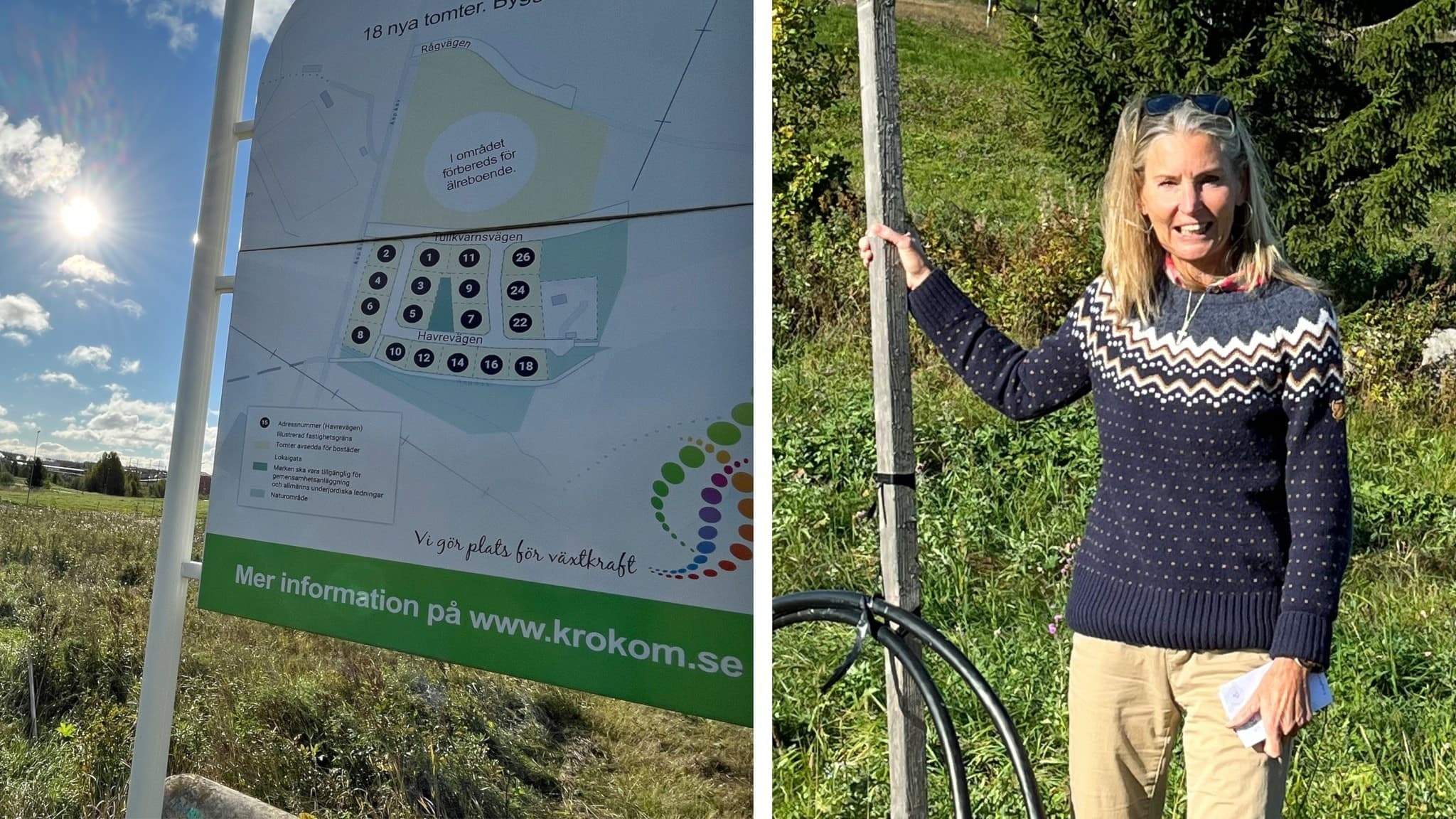 Kollage med två bilder: till vänster en karta över tomter i Krokom med tydliga markeringar, och till höger en person klädd i mörkblå tröja och beige byxor som står vid en skylt utomhus.