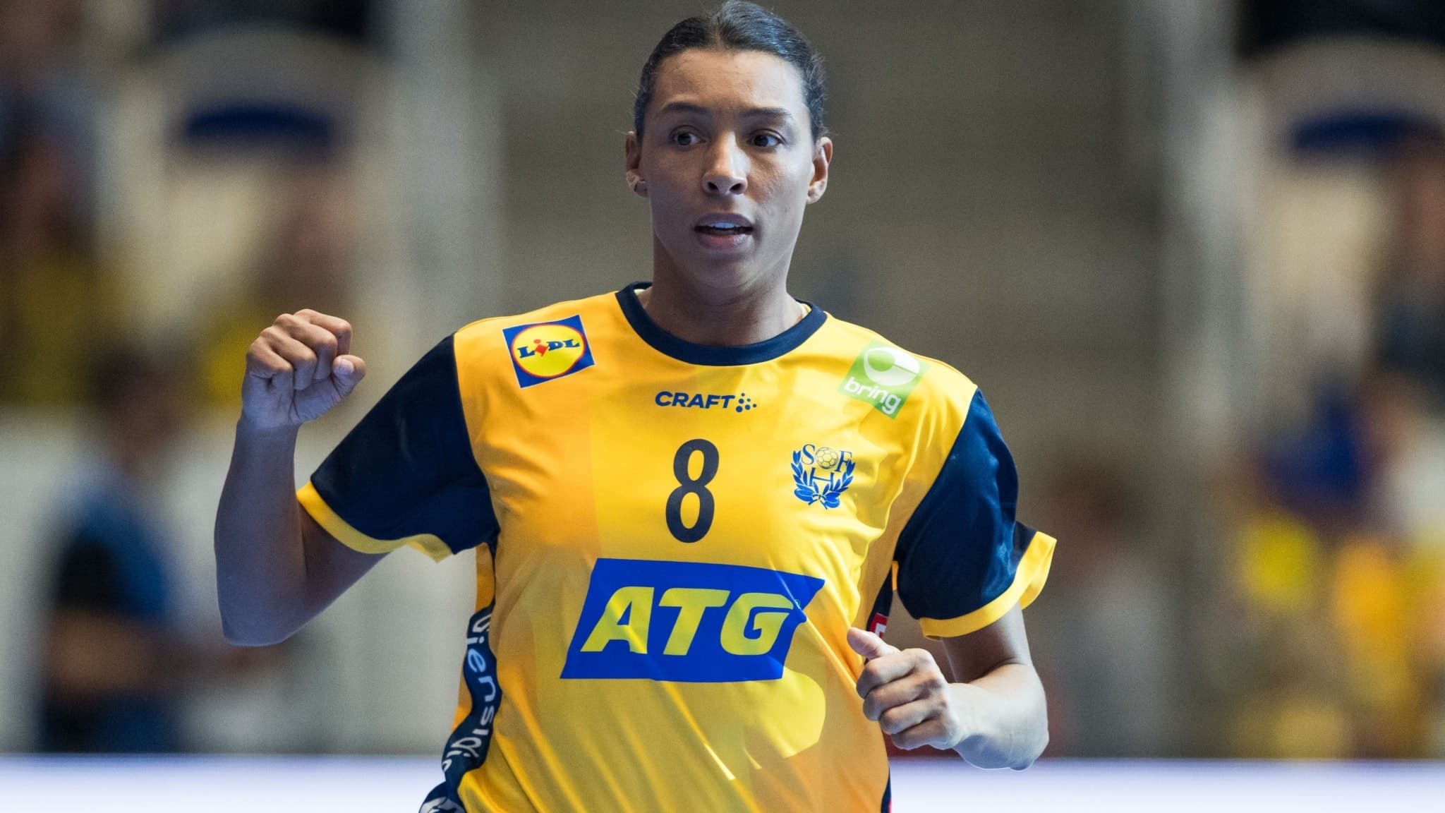 Jamina Roberts i EM-kvalmatchen mot Ukraina.
