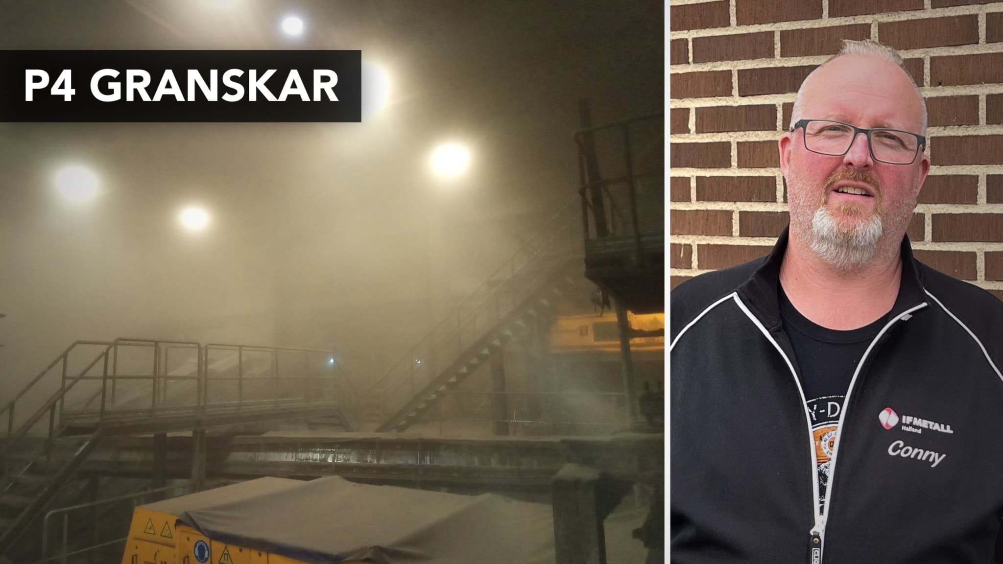 Conny Jönsson från IF Metall står framför en tegelvägg. Till vänster syns en industrimiljö med damm och metallkonstruktioner på Stena.