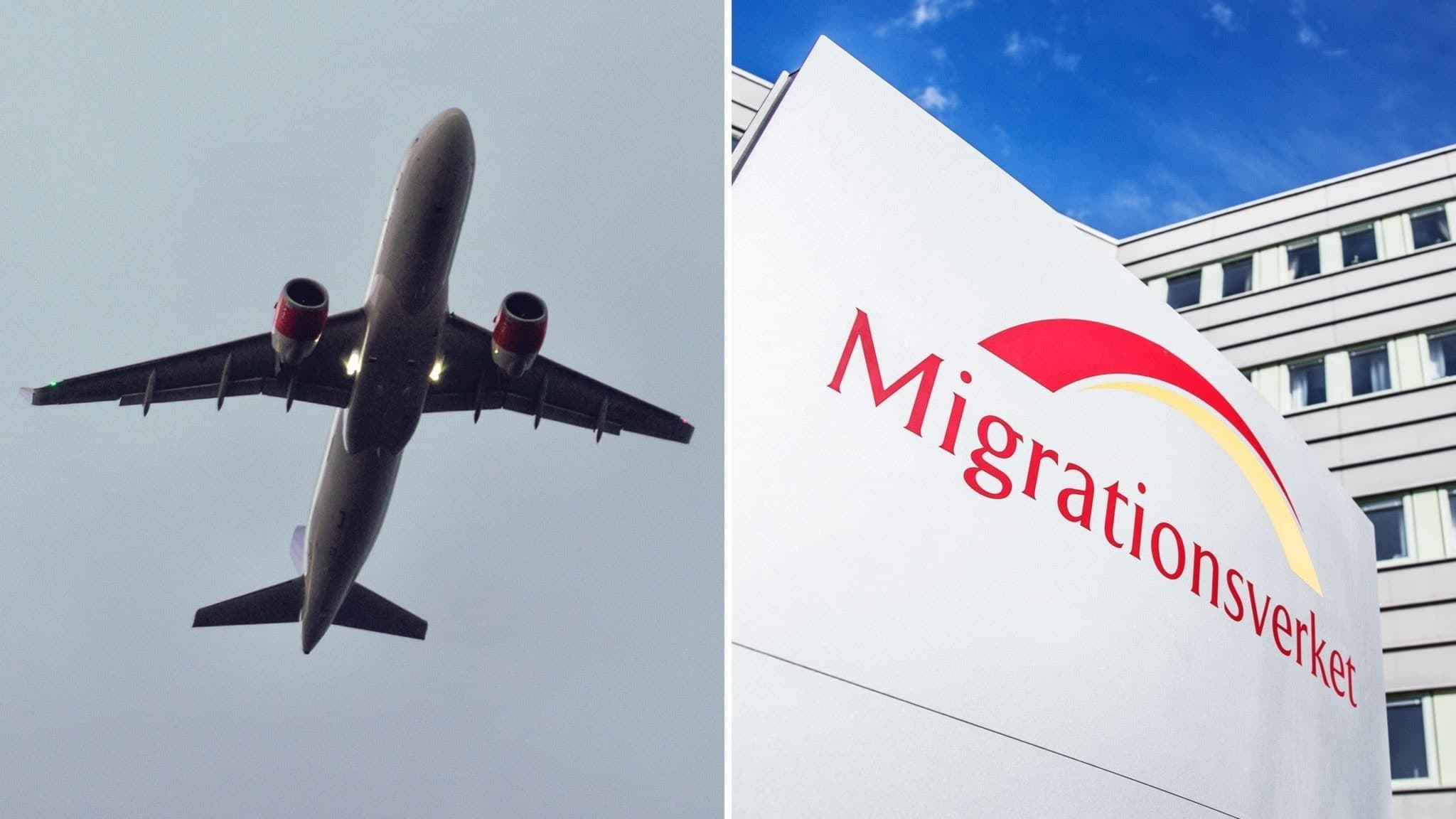 Bild på flygplan till vänster och skylt på Migrationsverket till höger