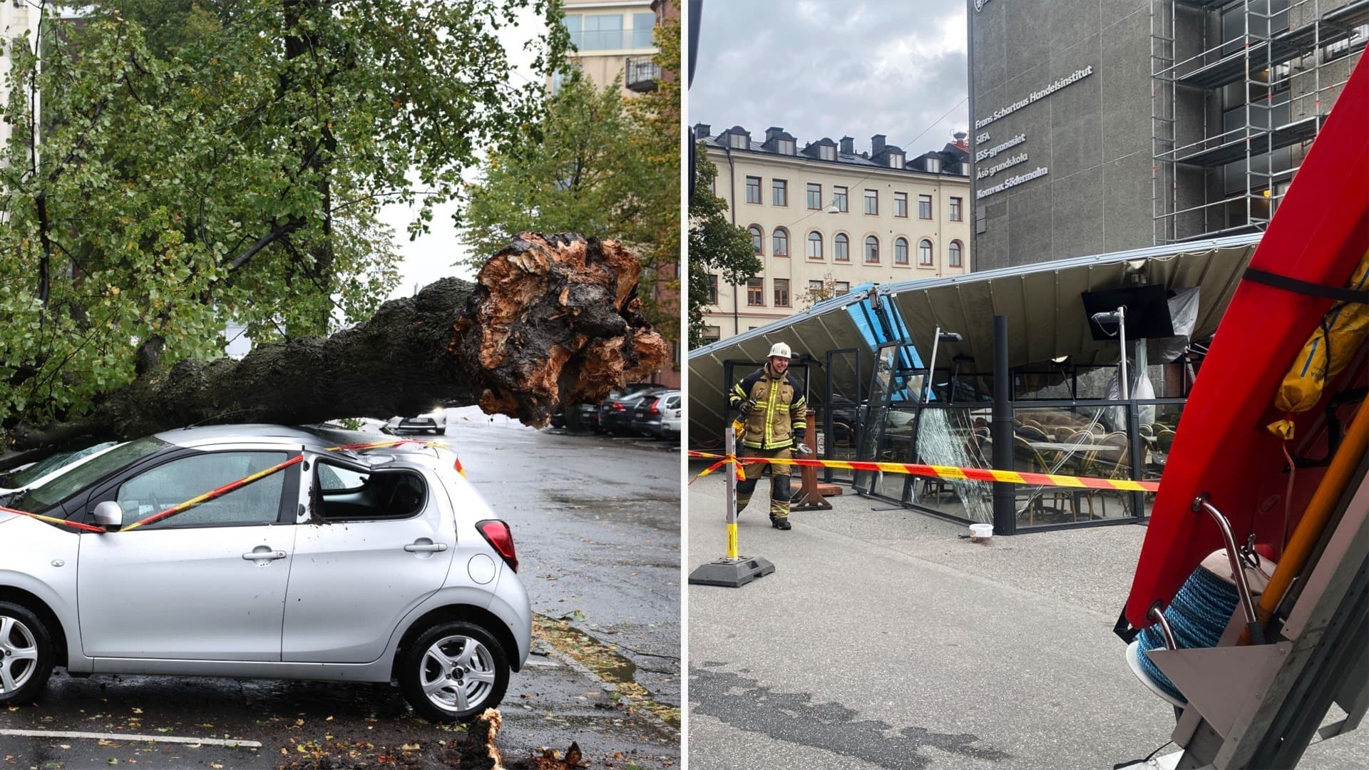 En bild uppdelad i två delar: till vänster en bil skadad av ett fallande träd efter stormen, till höger räddningstjänst vid en avspärrad gata nära en byggnad. Stormens konsekvenser syns tydligt.