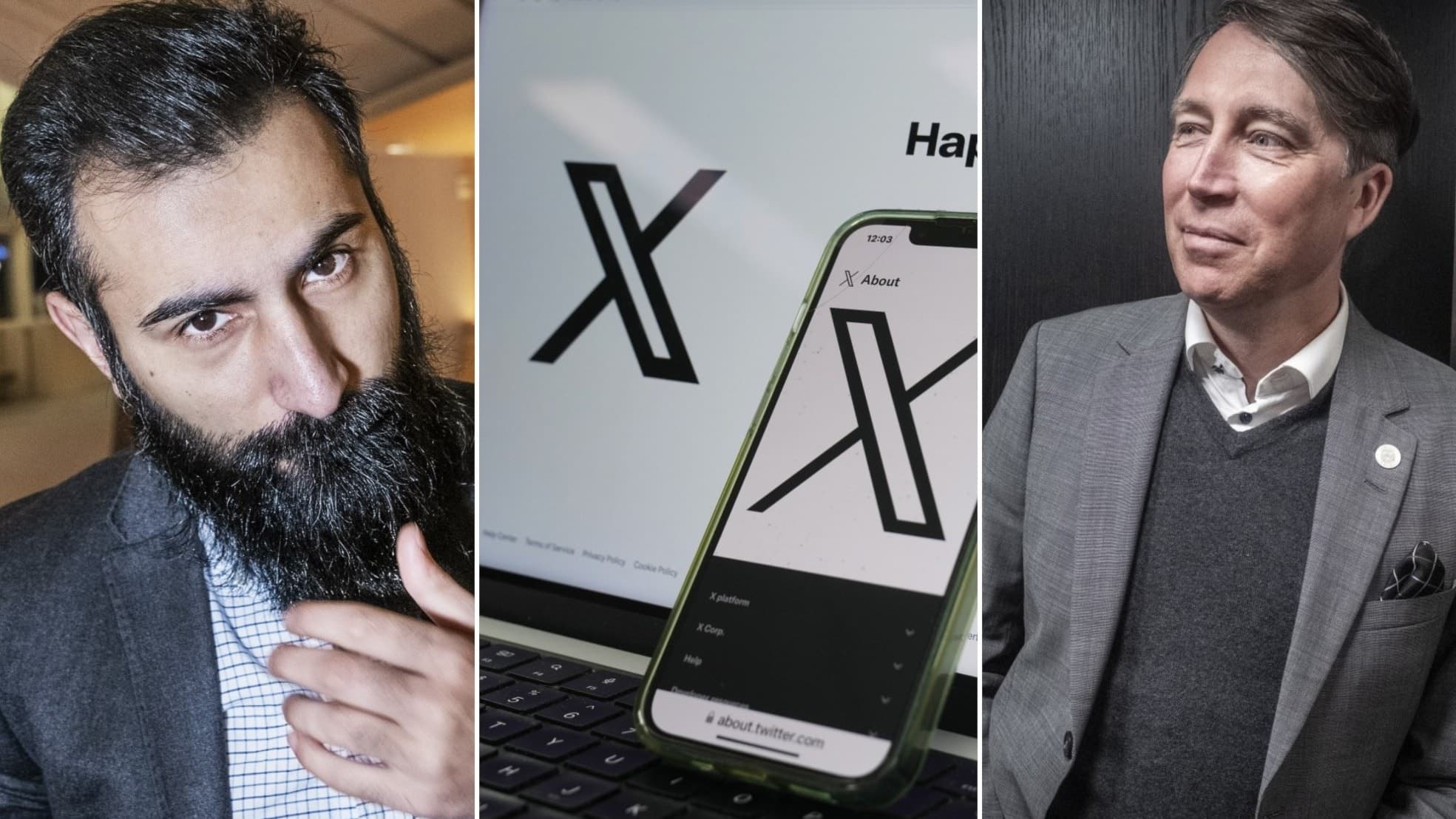 Montage med tre bilder: till vänster en man i kostym, i mitten en mobilskärm som visar X:s logotyp, och till höger en annan man i kostym framför en mörk vägg.