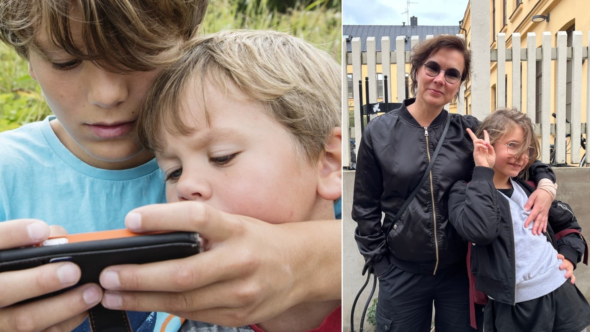 Två barn håller en mobiltelefon utomhus, medan en vuxen person och ett barn står tillsammans vid en byggnad. Bilden illustrerar barns användning av sociala medier.Ny rapport visar att lågstadiebarn använder sociala medier mindre. 