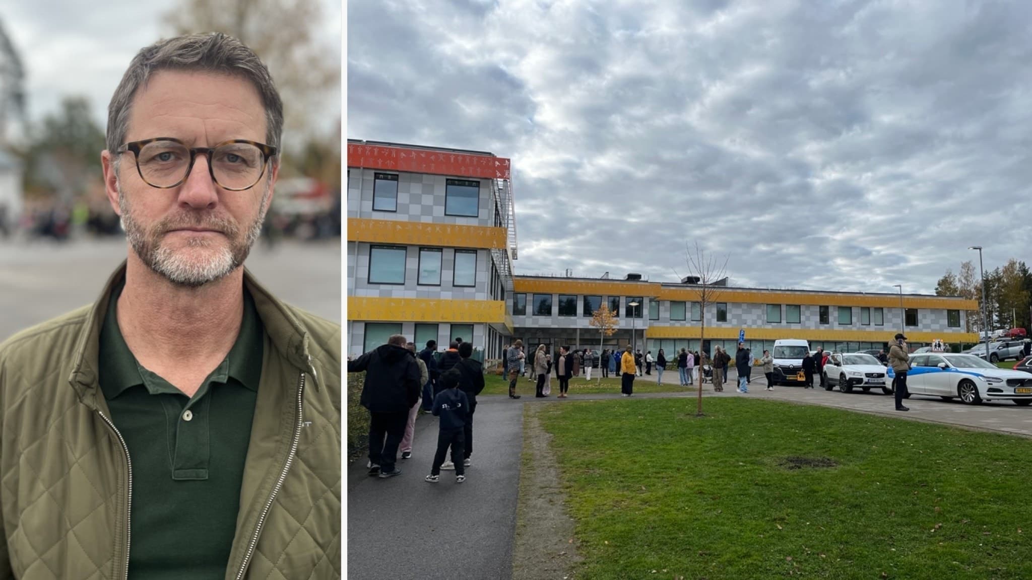 En skola med gul fasad omringad av polisbilar och samlade människor utanför. Händelsen verkar dra stor uppmärksamhet och pågår under mulen himmel.