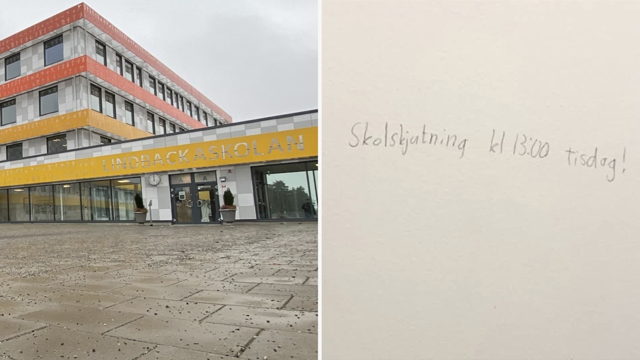 Bildmontage av Lindbackaskolan i Lindesberg och en närbild på hotfullt klotter på en skoltoalett. Skolan har en gul och orange fasad, medan klottret lyder: 'Skolskjutning 11:30 fredag'.