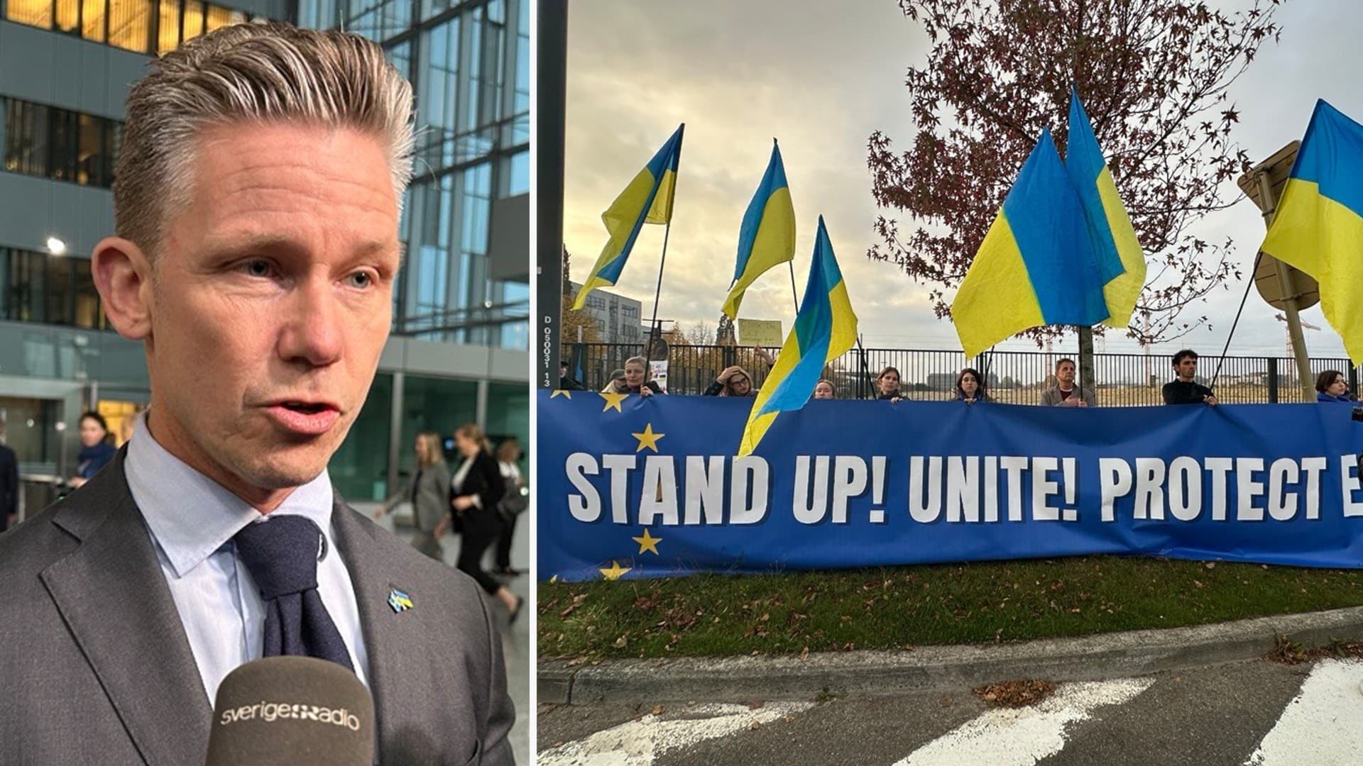Pål Jonson intervjuas framför Natos högkvarter i Bryssel, medan ukrainska flaggor och en banderoll med texten syns vid en protest utanför byggnaden.