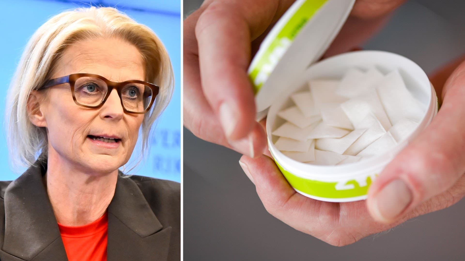 Finansminister Elisabeth Svantesson till vänster och vitt snus till höger. 
