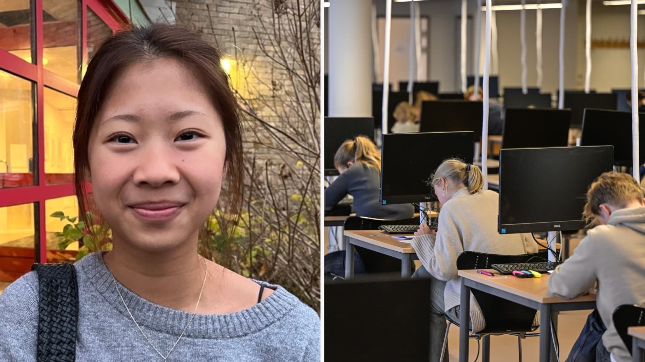 Till vänster syns en person med grå tröja utomhus vid en byggnad. Till höger sitter flera elever vid skrivbord med datorer i ett klassrum under ett prov. Fokus på utbildning och framtidsmål.