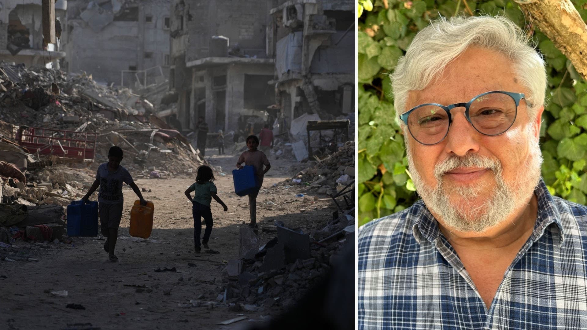 En bild från Gaza, tre barn syns på bilden med dunkar i händerna. Till höger en bild på en man med skägg och rutig skjorta. 