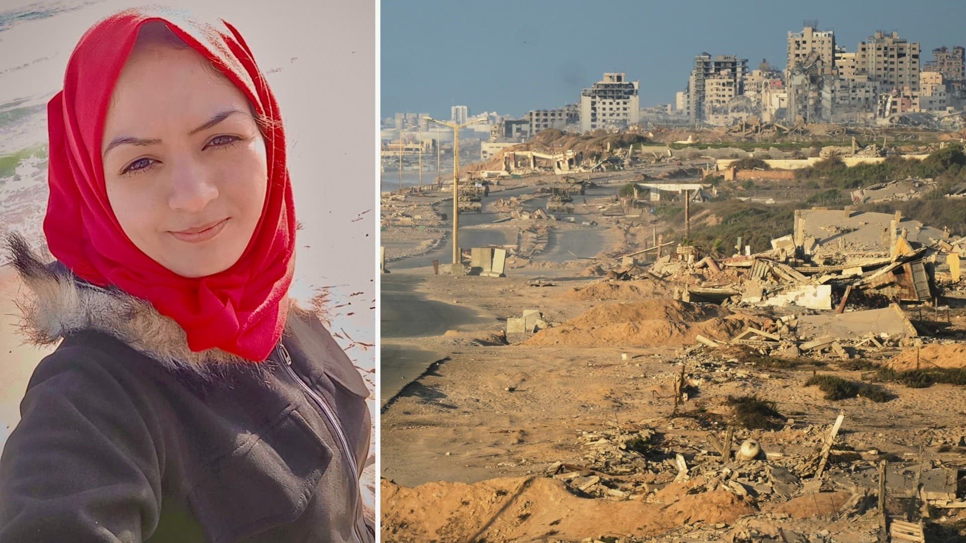 Fatima al-Daama i Gaza och bilder över ruiner på landremsan.