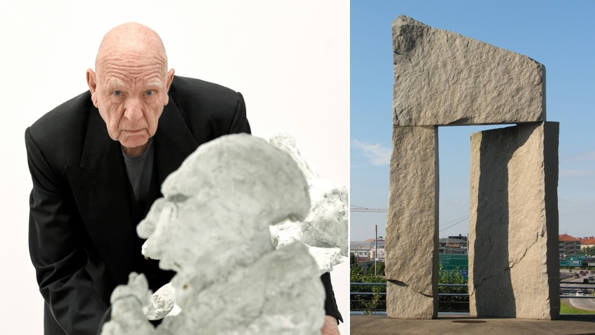 Bildcollage med två motiv: Claes Hakes skulptur i sten föreställande en människa samt en av hans monumentala stenportar placerad vid en stadsmiljö.