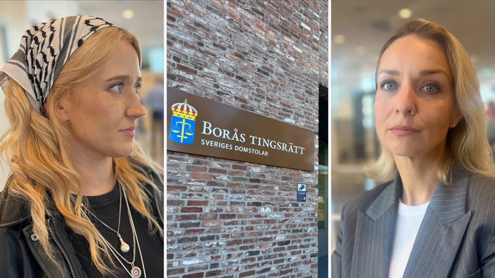 Montage med tre bilder: till vänster vittnet Sara Fagrell i huvudduk, i mitten entrén till Borås tingsrätt med skylt, och till höger åklagaren Carolyn Westeröd i en grå kavaj.