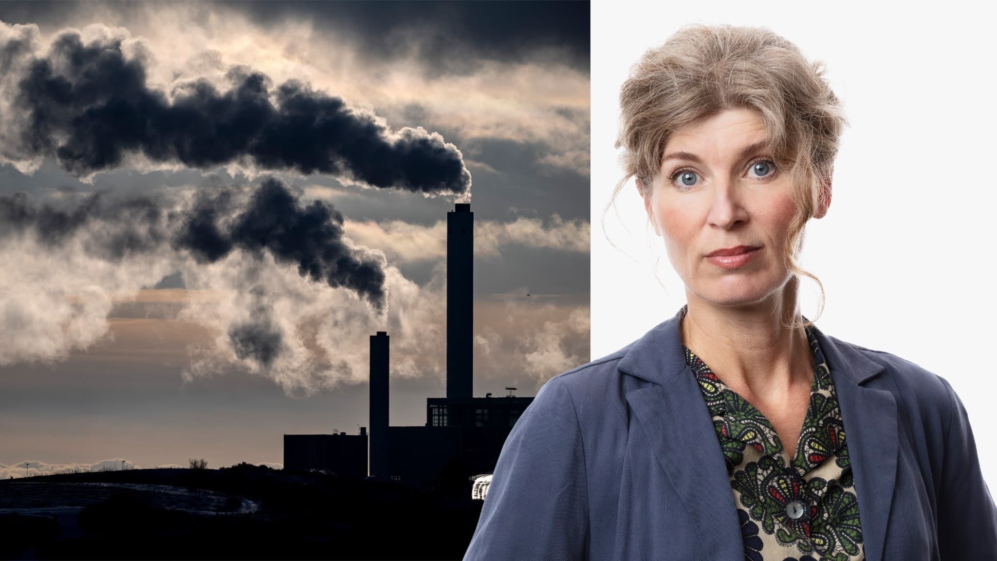 Delad bild: Skorstenar som släpper ut mörk rök, t.v och Ekots klimatkommentator Mona Hambraeus, t.h
