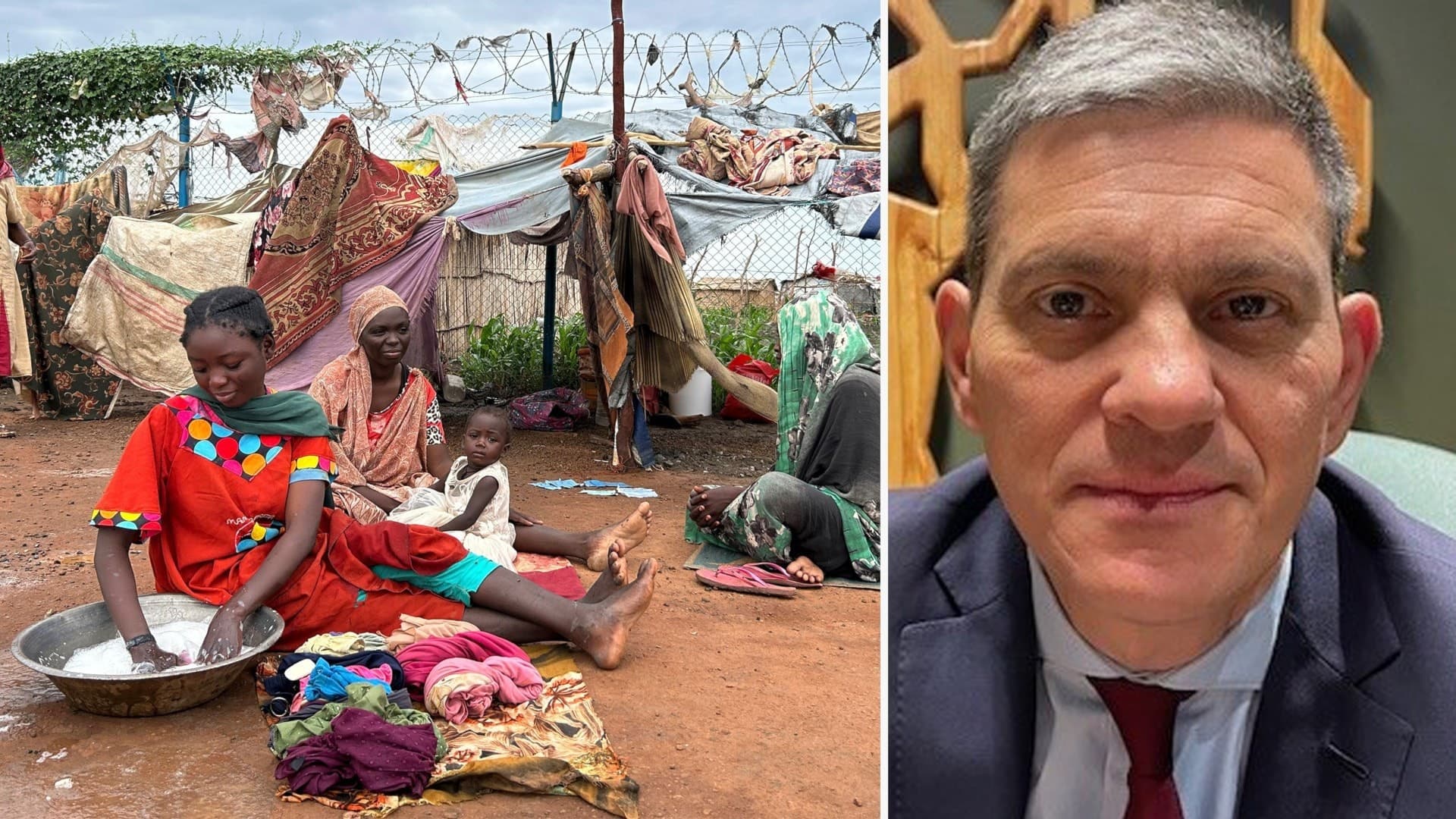 Till vänster: Kvinnor som tvättar på flykt i krigshärjade Sudan. Till höger: David Miliband.
