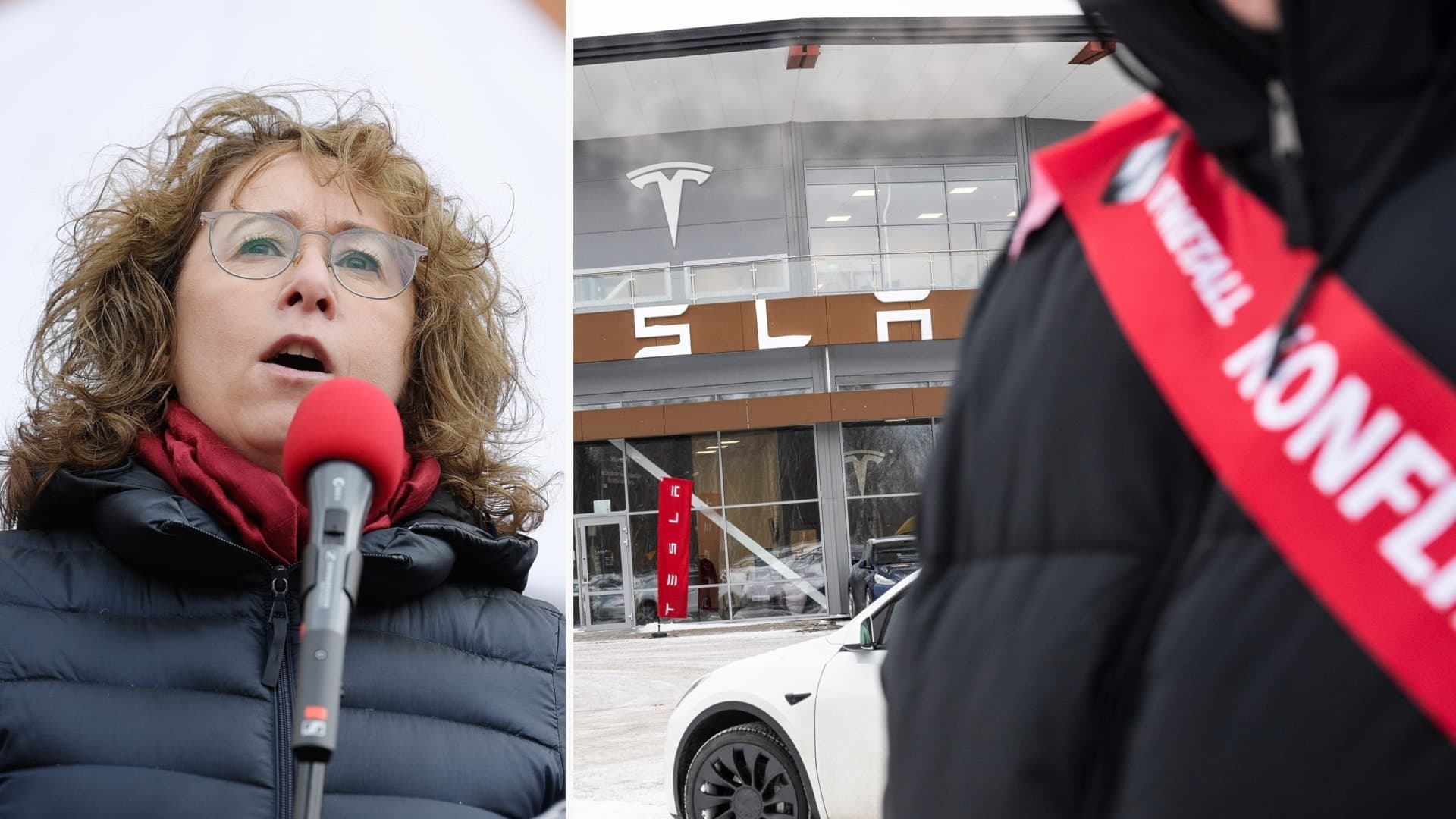 Delad bild: En person klädd i vinterjacka och röd halsduk står med en mikrofon framför sig. En annan person bär en röd banderoll med texten 'Konflikt'.