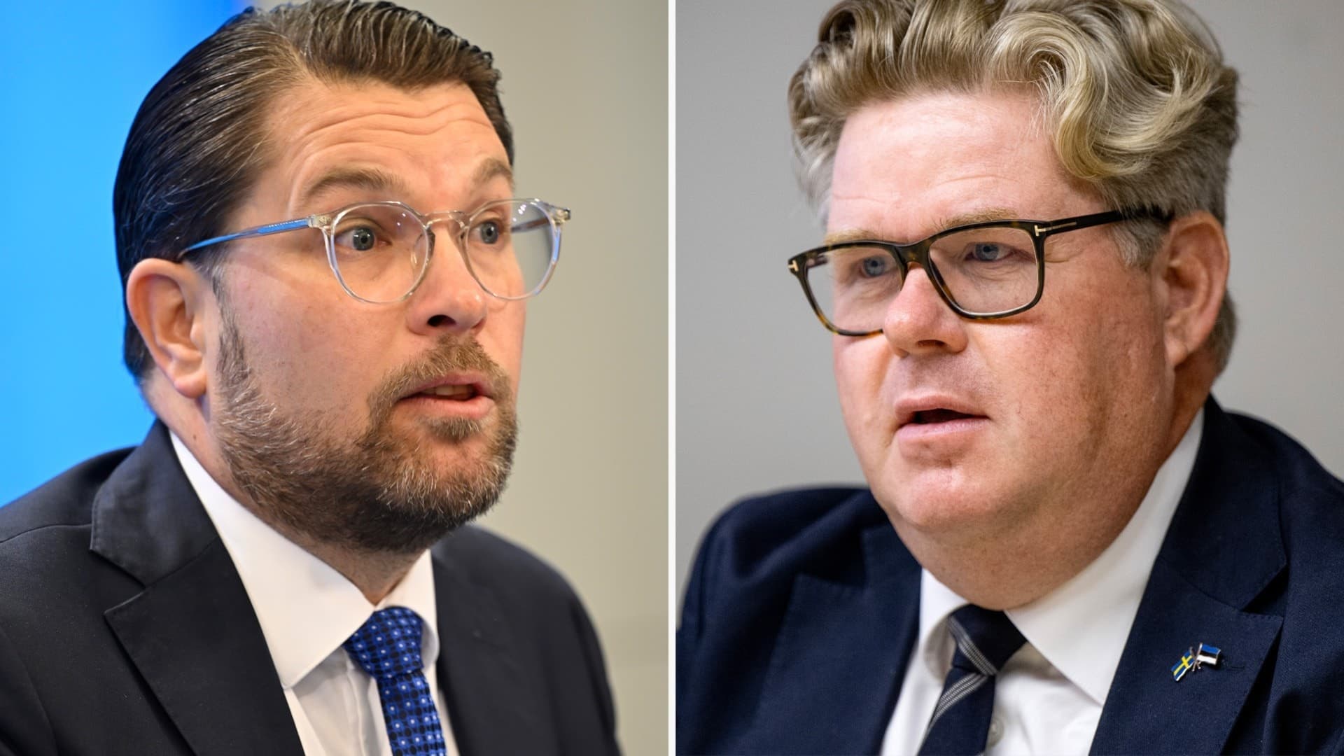 Två personer i kostym visas sida vid sida, båda med okända ansikten. Den ena har mörkt hår och blå slips, den andra ljust hår och glasögon. Bilden kan symbolisera politiska eller offentliga profiler.