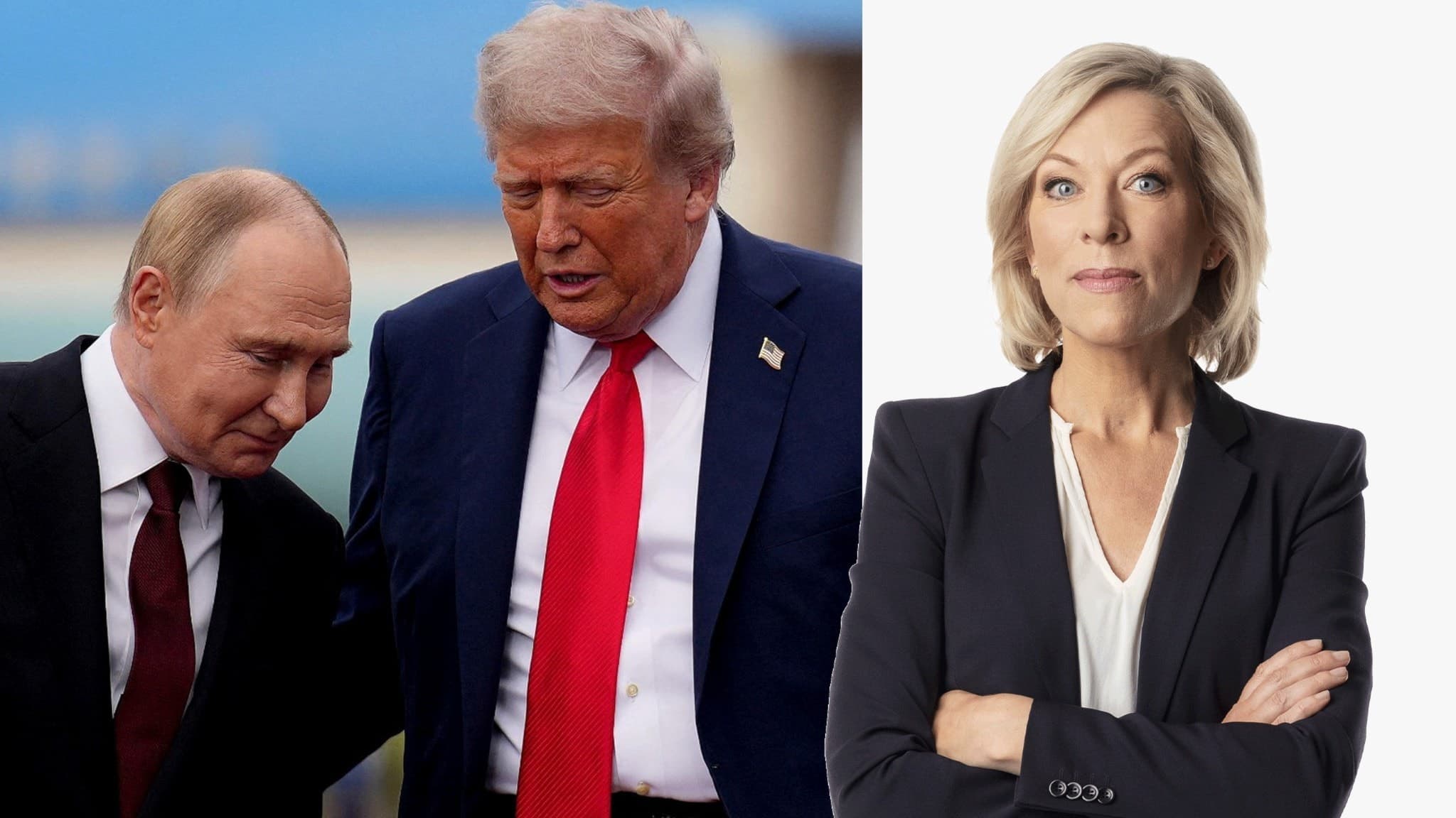 Delad bild: Till vänster Vladimir Putin och Donald Trump. Till höger: Sveriges Radios USA-korrespondent Ginna Lindberg.