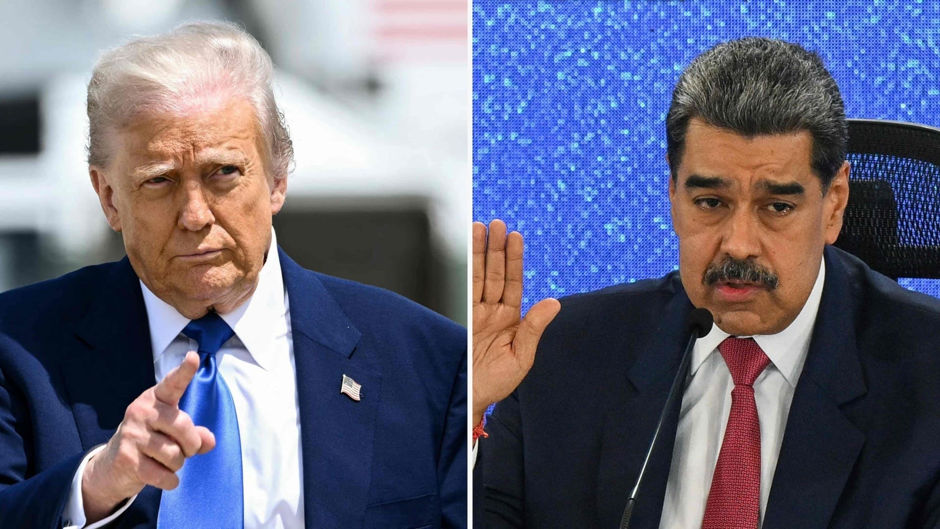 Montage av Donald Trump och Nicolas Maduro. Trump pekar med ett finger och bär blå kostym med blå slips, medan Maduro höjer handen under ett formellt tillfälle klädd i kostym och röd slips.
