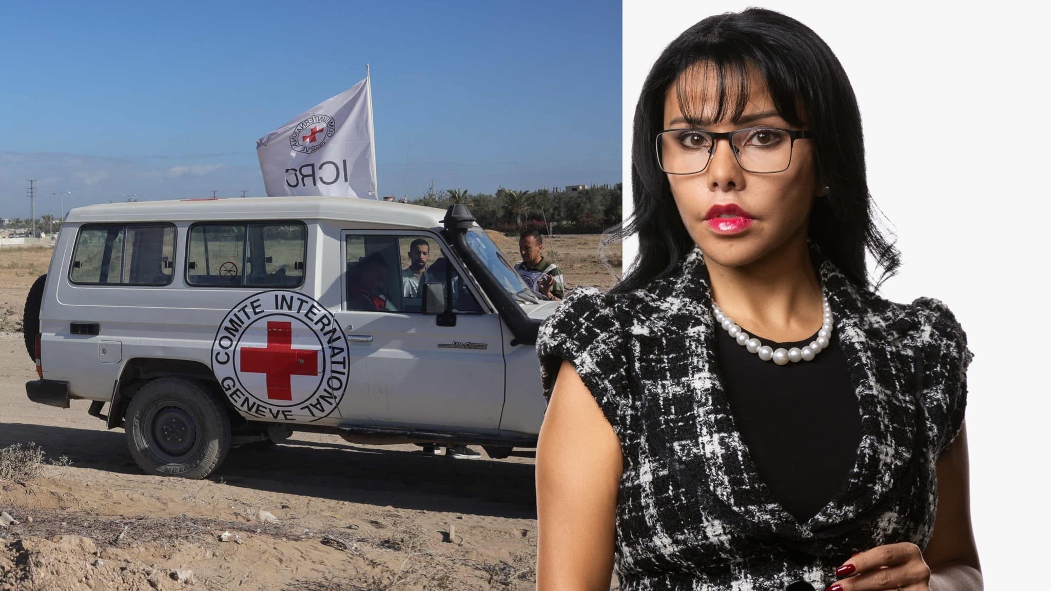 Ett fordon från Röda Korset med organisationens flagga på taket står parkerat på en grusväg i en öppen miljö. Fordonet används för humanitära insatser.