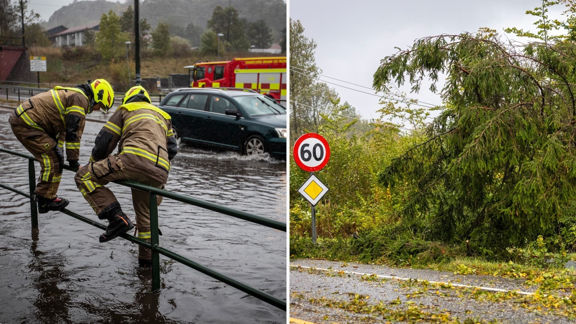 Till vänster: Vatten som forsar fram på väg, med två brandmän. Till höger: Träd som vält över väg.