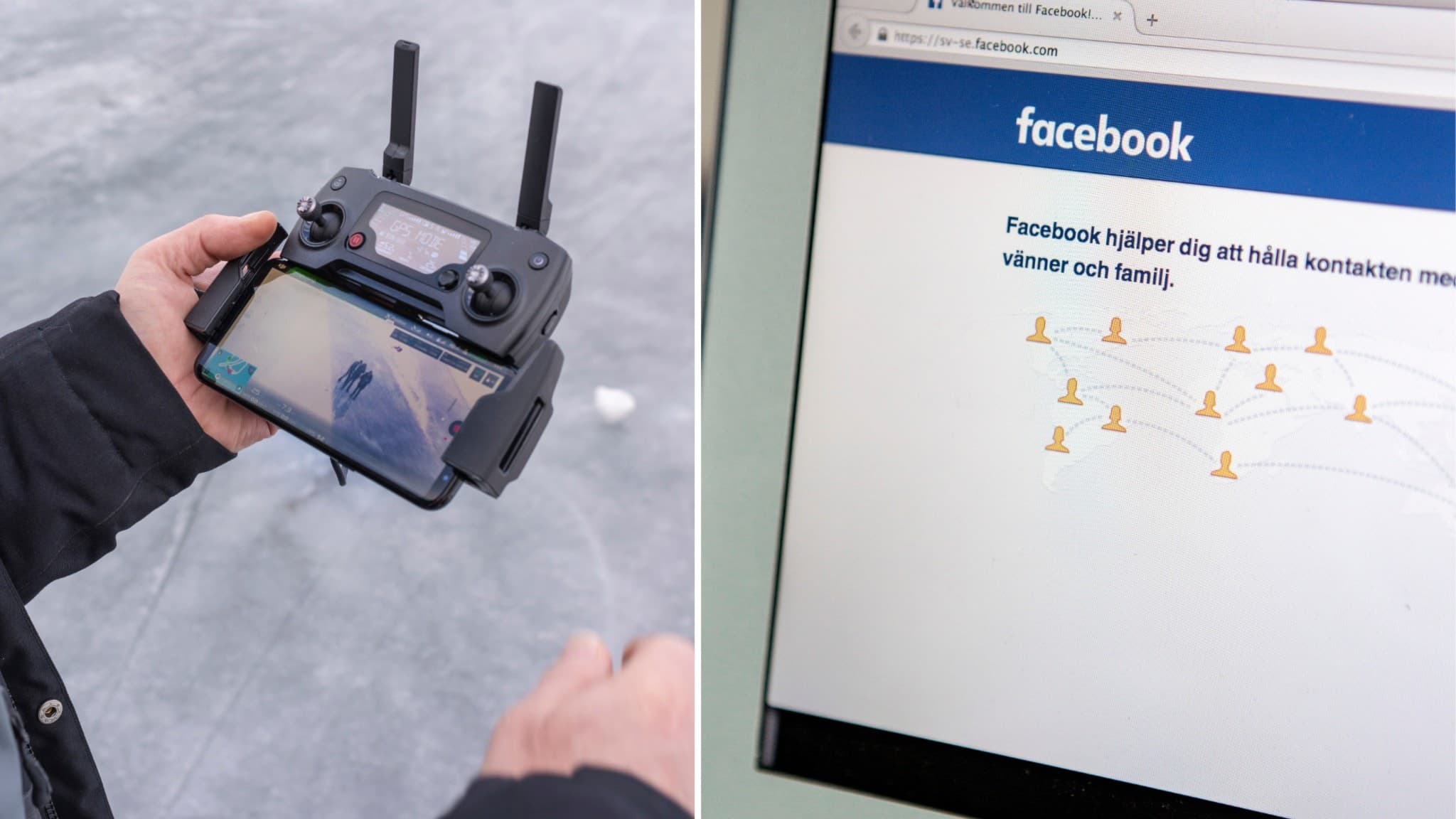 Tvådelad bild med en person som håller en drönarkontroll i vänstra delen och en datorskärm med Facebooks gränssnitt i högra delen, symboliserande teknologi och sociala medier.