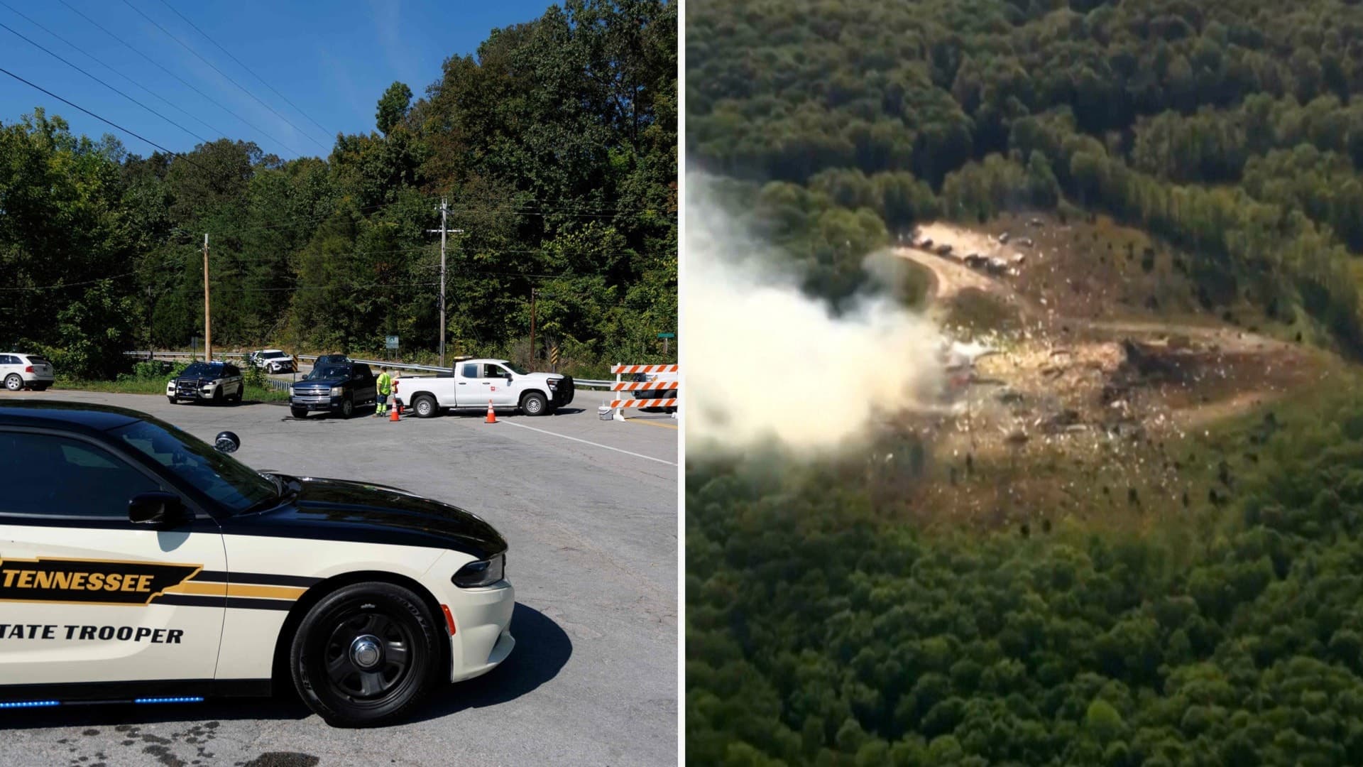 Till vänster: Polisbil och avspärrningar i Tennessee i USA. Till höger: Bilder från ovan över fabrik som exploderat. 