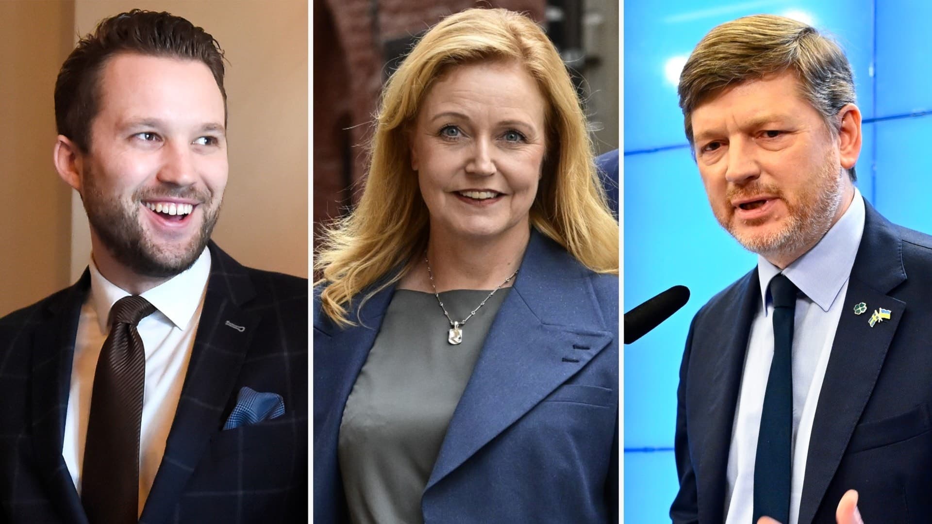 Tredelad bild. Tre personer i formella kläder står i olika miljöer.