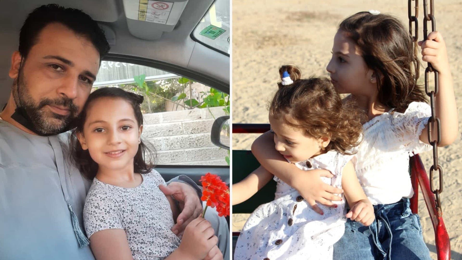 Till vänster: Mohammad Wafi tillsammans med sin dotter Janna, som blev 7 år gammal. Till höger: Janna och Dina, blev 7 och 3 år gamla.