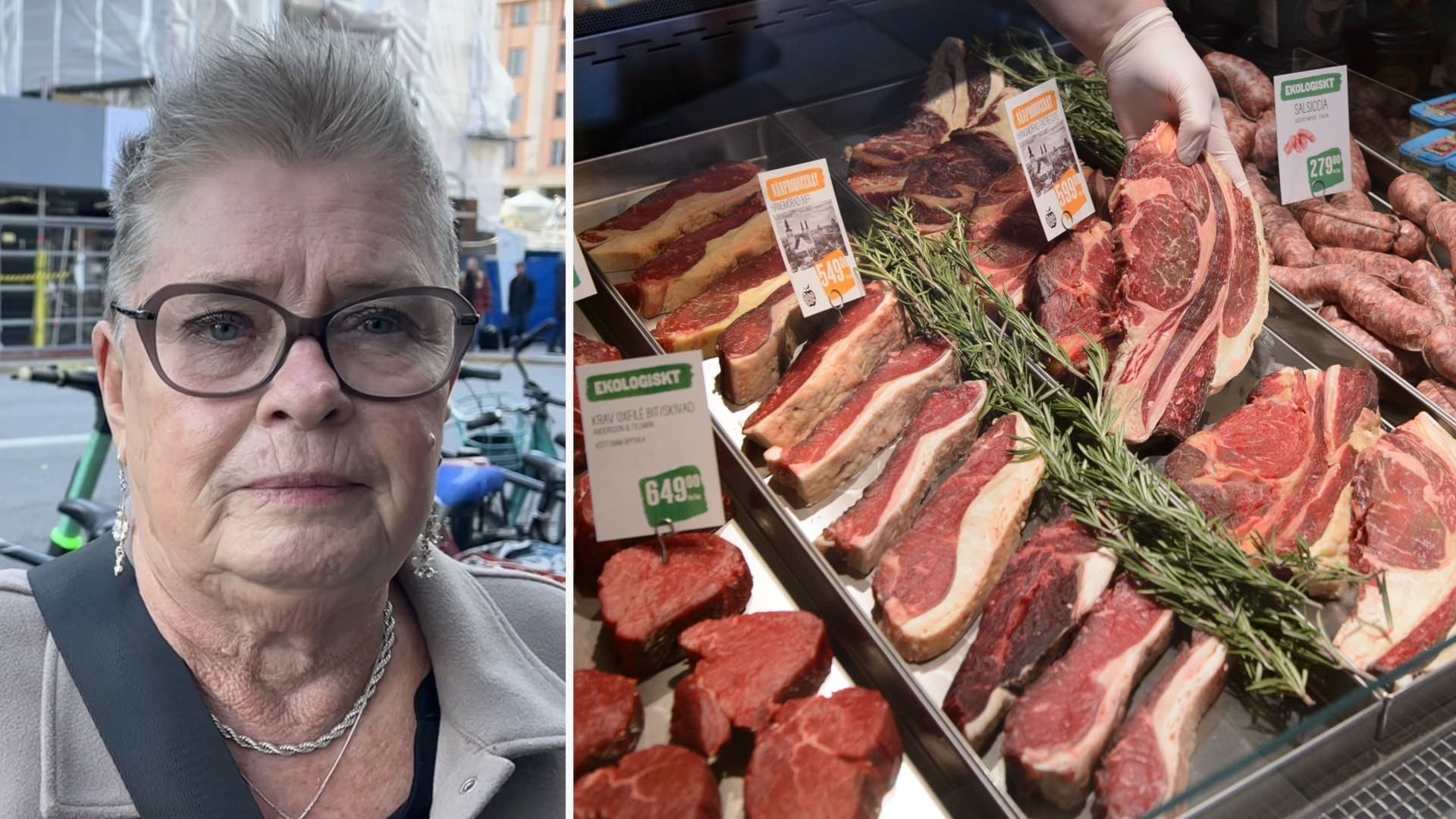 Till vänster en person utomhus med kort grått hår, till höger en köttdisk med olika styckdetaljer, inklusive biffar och korvar, dekorerad med färska örter.
