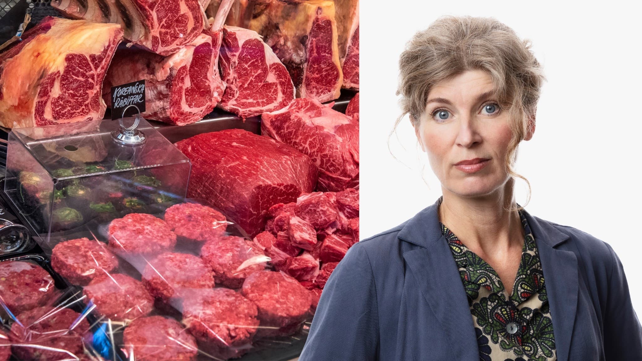 En bild med två delar: till vänster syns köttprodukter såsom biff och skivor på en köttdisk, och till höger en person med grått hår och blå kavaj, ansiktet är suddat.
