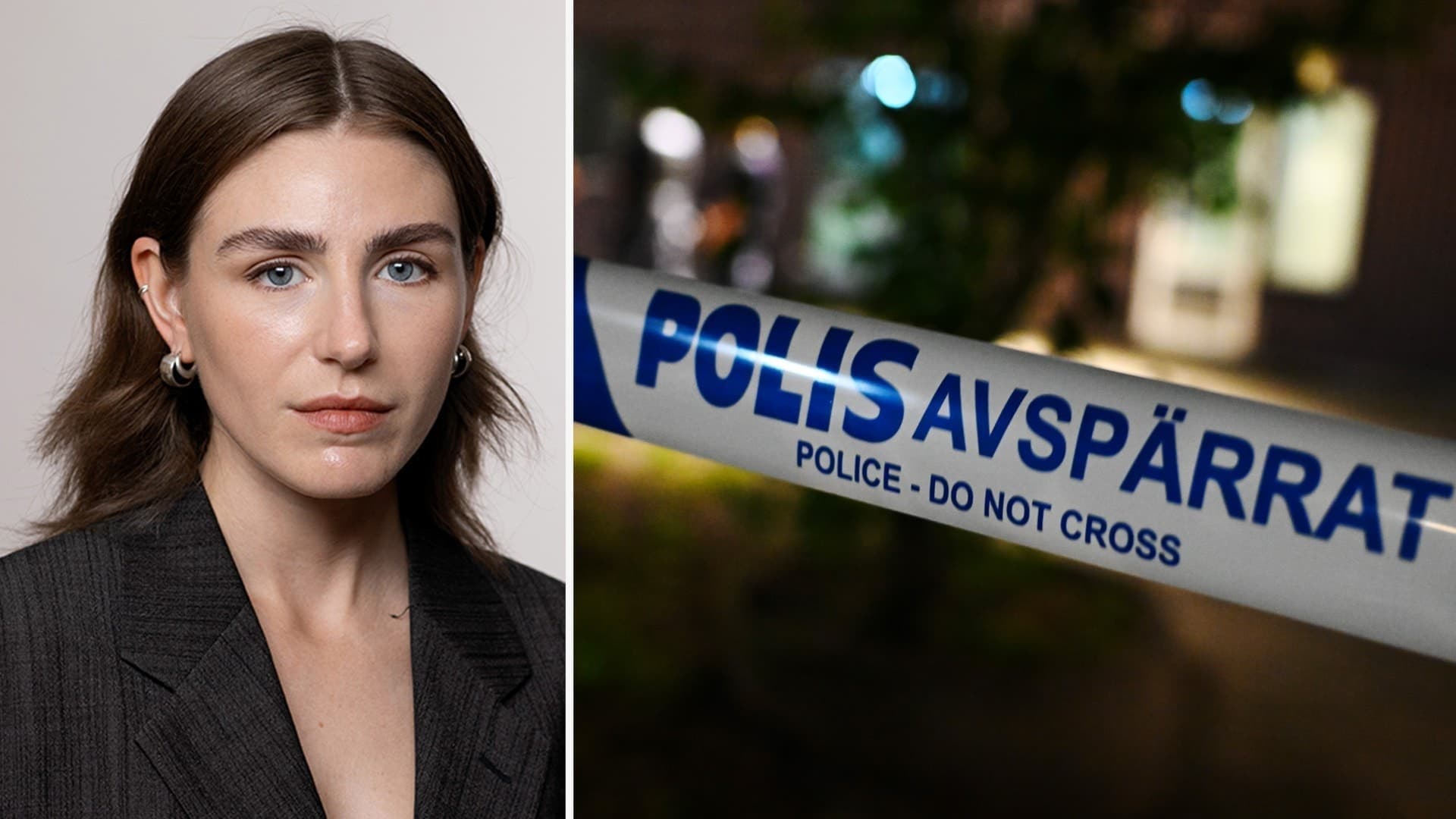 Bildmontage med en kvinna i mörk kavaj och polisavspärrning. Avspärrningen är markerad med texten 'Polis – avspärrat, Police – Do Not Cross', kopplat till splitkriminalitet.