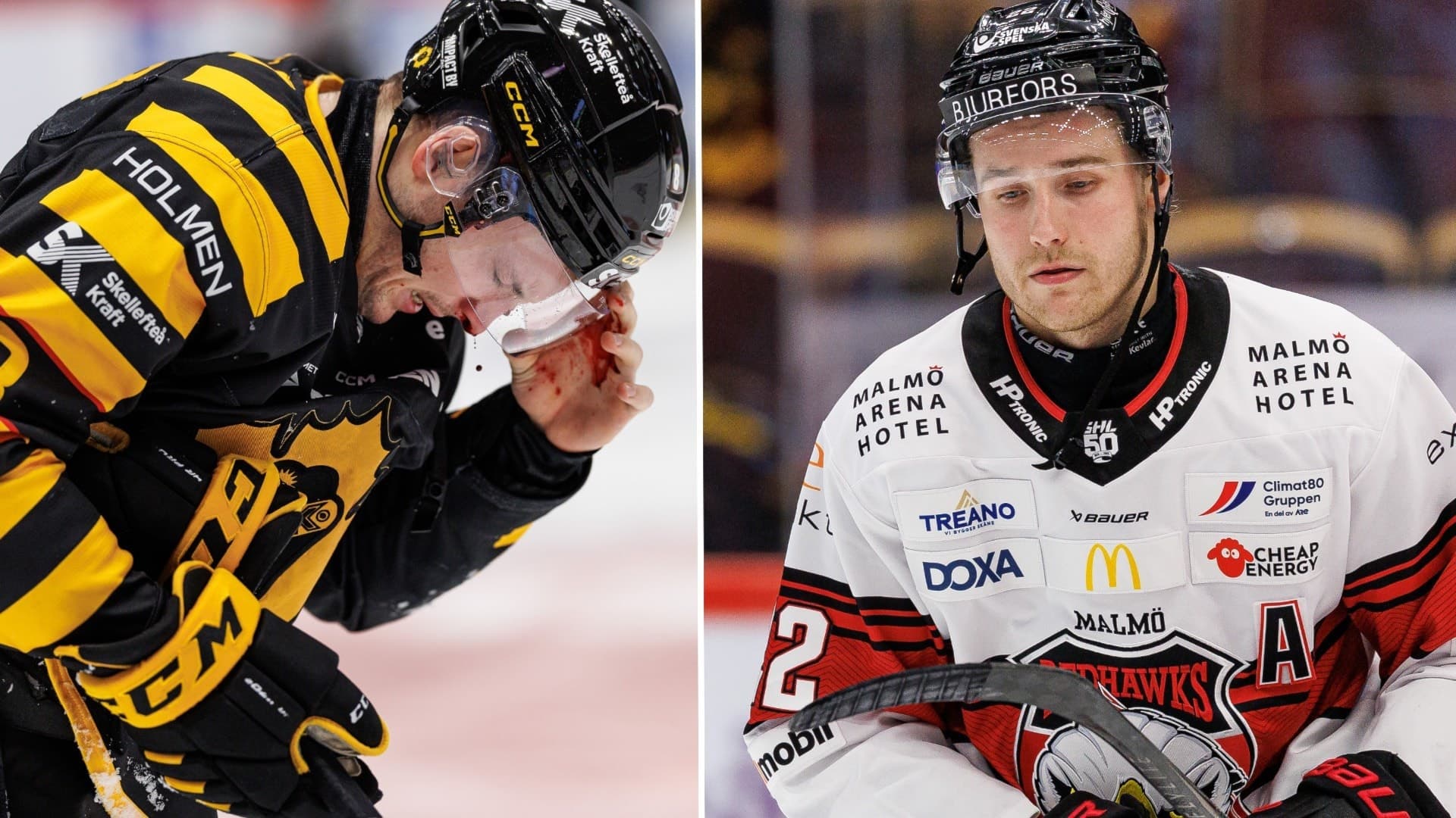 Ishockeyspelaren Kuokkanen i gulsvart matchtröja från Skellefteå AIK ses på isen under en match. Han håller handen mot ansiktet, medan en motståndare från Malmö Redhawks syns till höger.