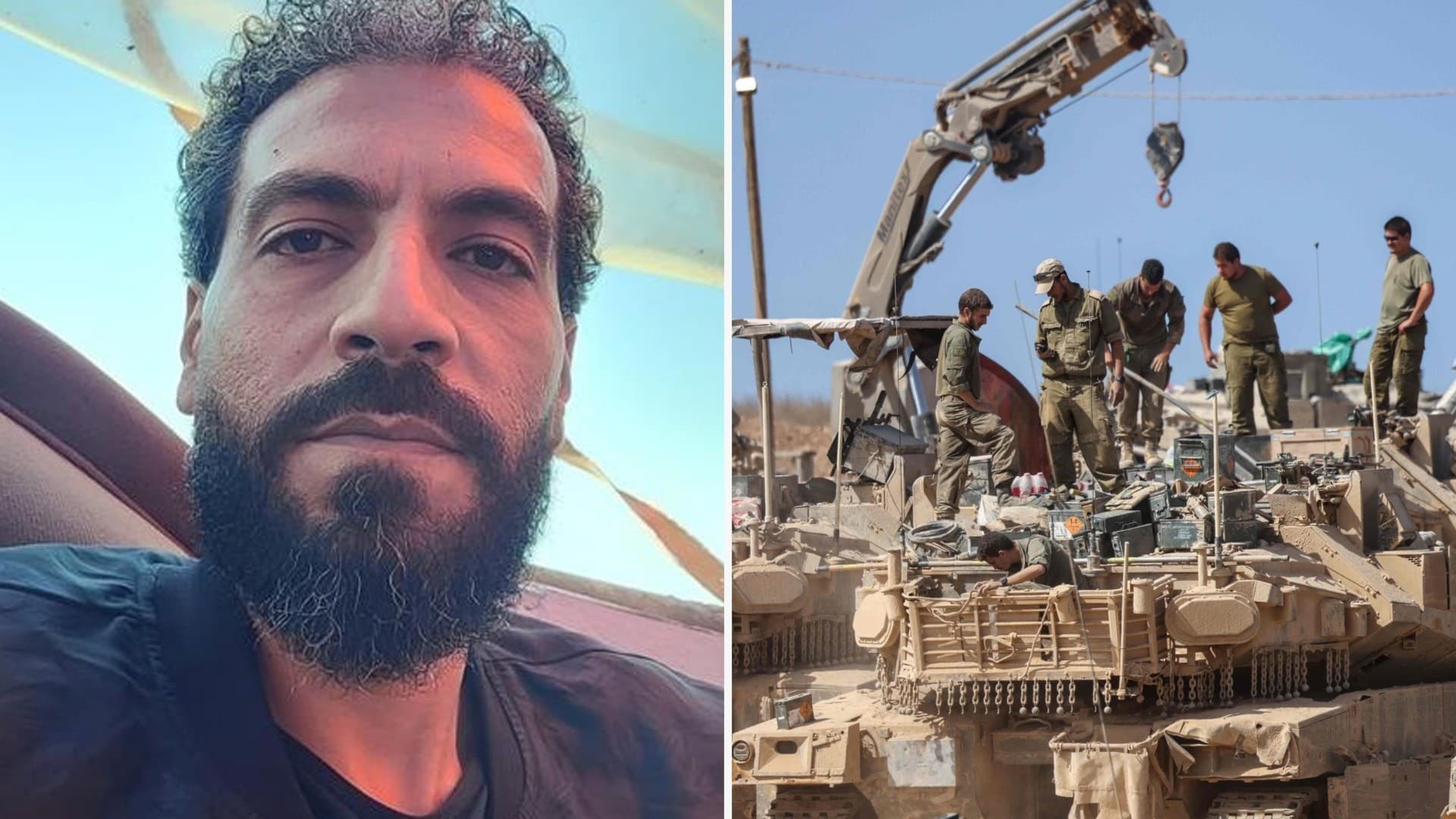 Montage. Till vänster: Ahmed Abuzaid. Till höger: Israelska soldater utför underhåll på stridsvagnar vid gränsen till Gaza.