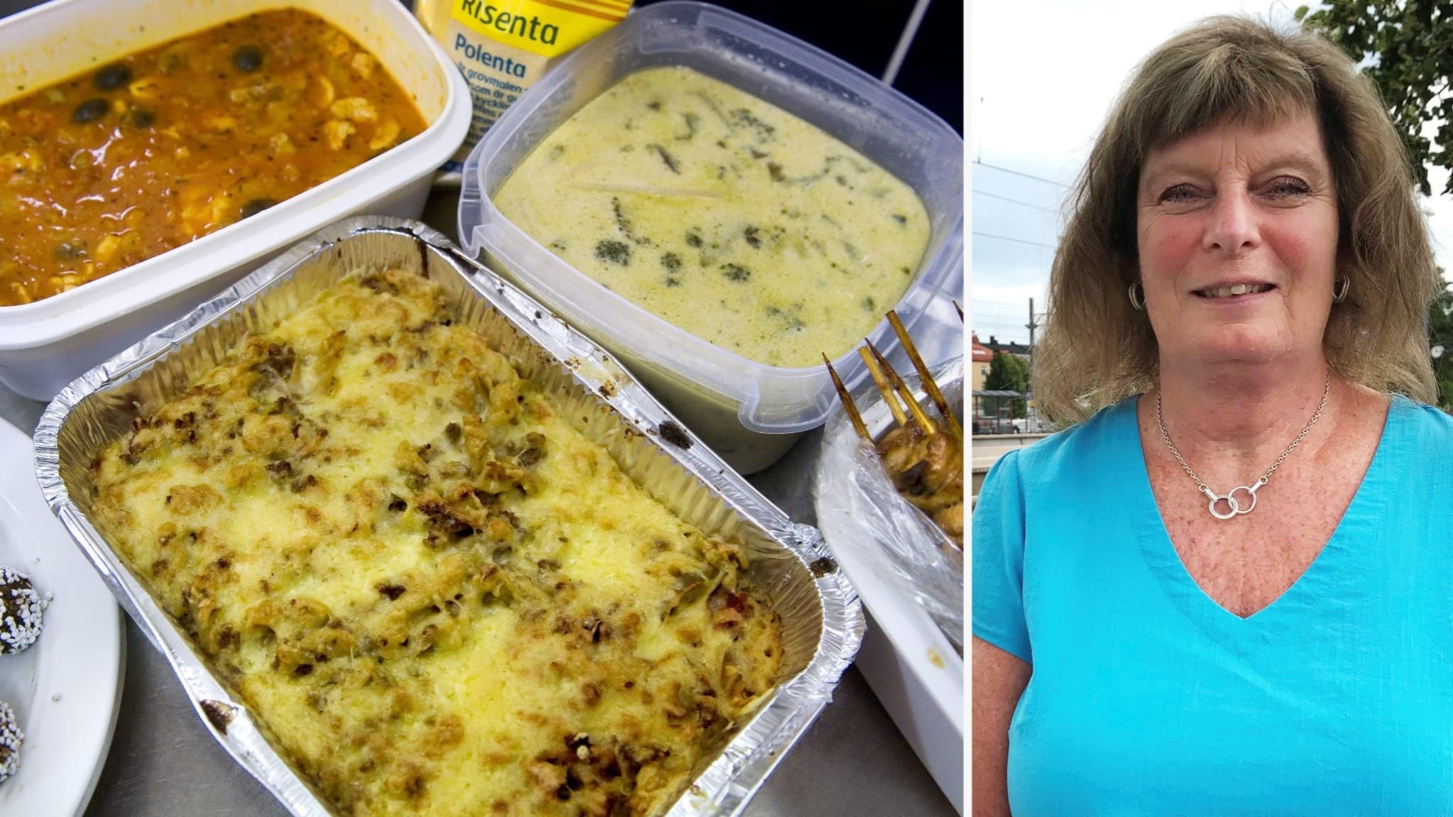 Camilla Wiström, klädd i blå tröja, står bredvid en samling matlådor fyllda med olika rätter, inklusive gratäng och grytor, i plast- och aluminiumförpackningar.