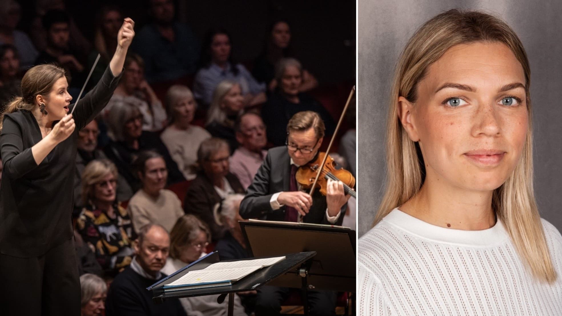 En dirigent leder en orkester med violinist inför en publik i en konsertlokal. Bilden symboliserar musikens kraft och kulturens betydelse för samhället.