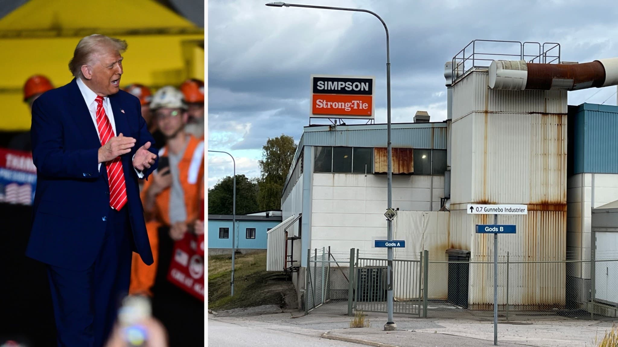 Bildmontage med Donald Trump i kostym bredvid en grupp arbetare, och en bild av en sliten industribyggnad med Gunnebo-företagets skylt. Tullpolitiken påverkar svenska företag.