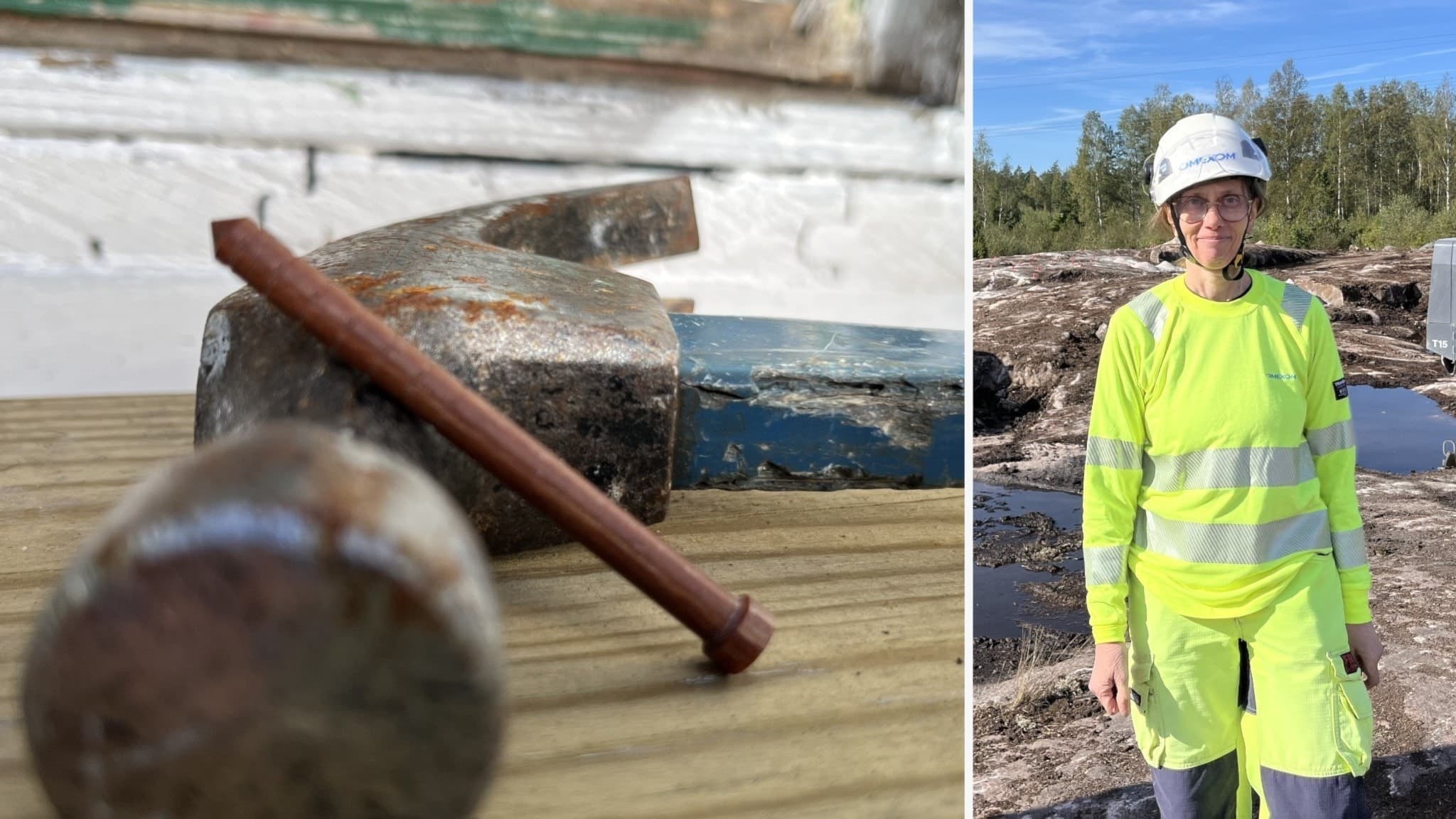 Gerd Karlsson från Omexom står på en byggarbetsplats iklädd reflexkläder och vit hjälm. Bakom henne syns en grävmaskin. På nästa bild i montaget syns en väl använd hammare och en mörkbrun spik tillverkad av rent bokträ.