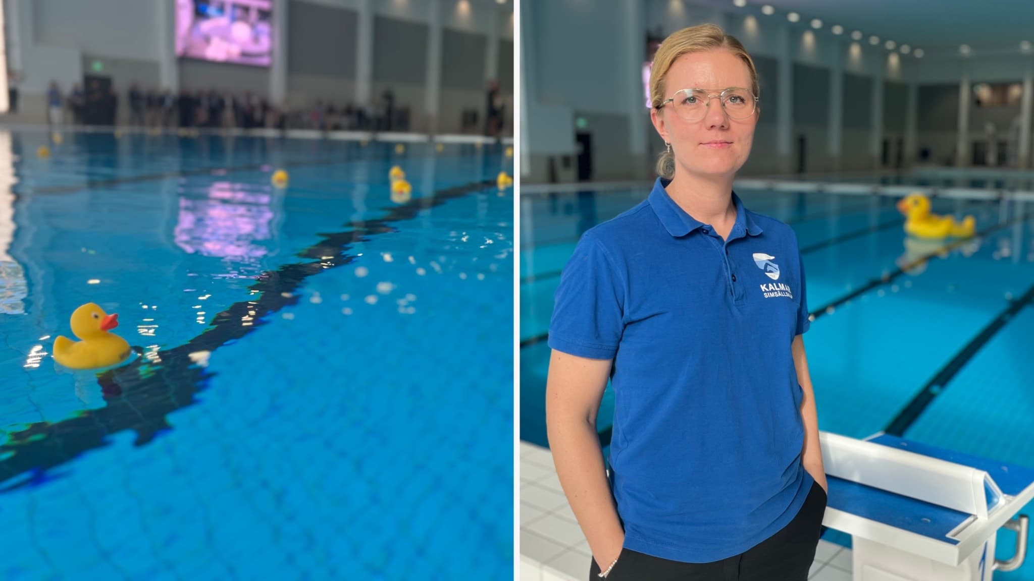 Emma Kittel, klubbchef för Kalmar Simsällskap, står vid bassängkanten i en simhall. Hon bär en blå pikétröja med föreningens logga. I bakgrunden syns en simbassäng och en gul flytleksak.